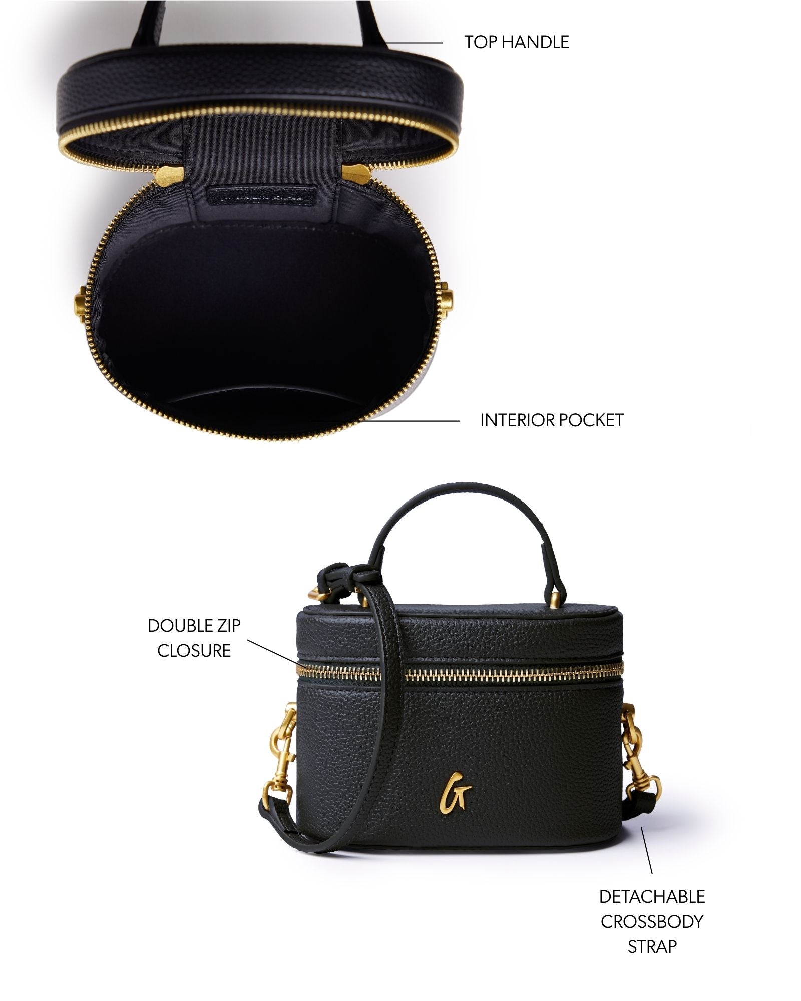 Mini pebble vanity bag in black with a top handle, double zip closure, and detachable crossbody strap.