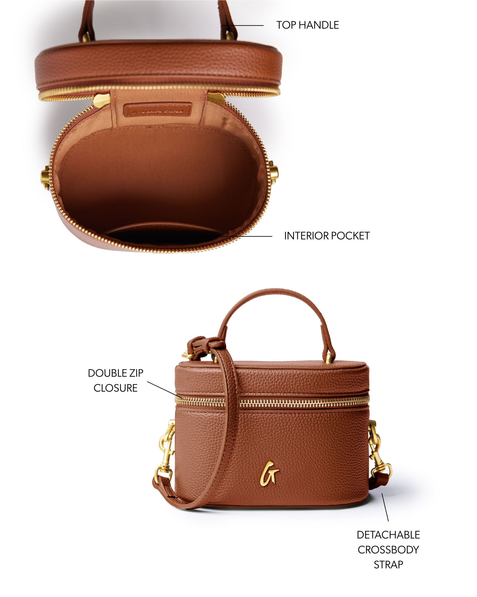 Brown mini pebble vanity bag featuring a top handle, double zip closure, and detachable crossbody strap. Interior pocket included.