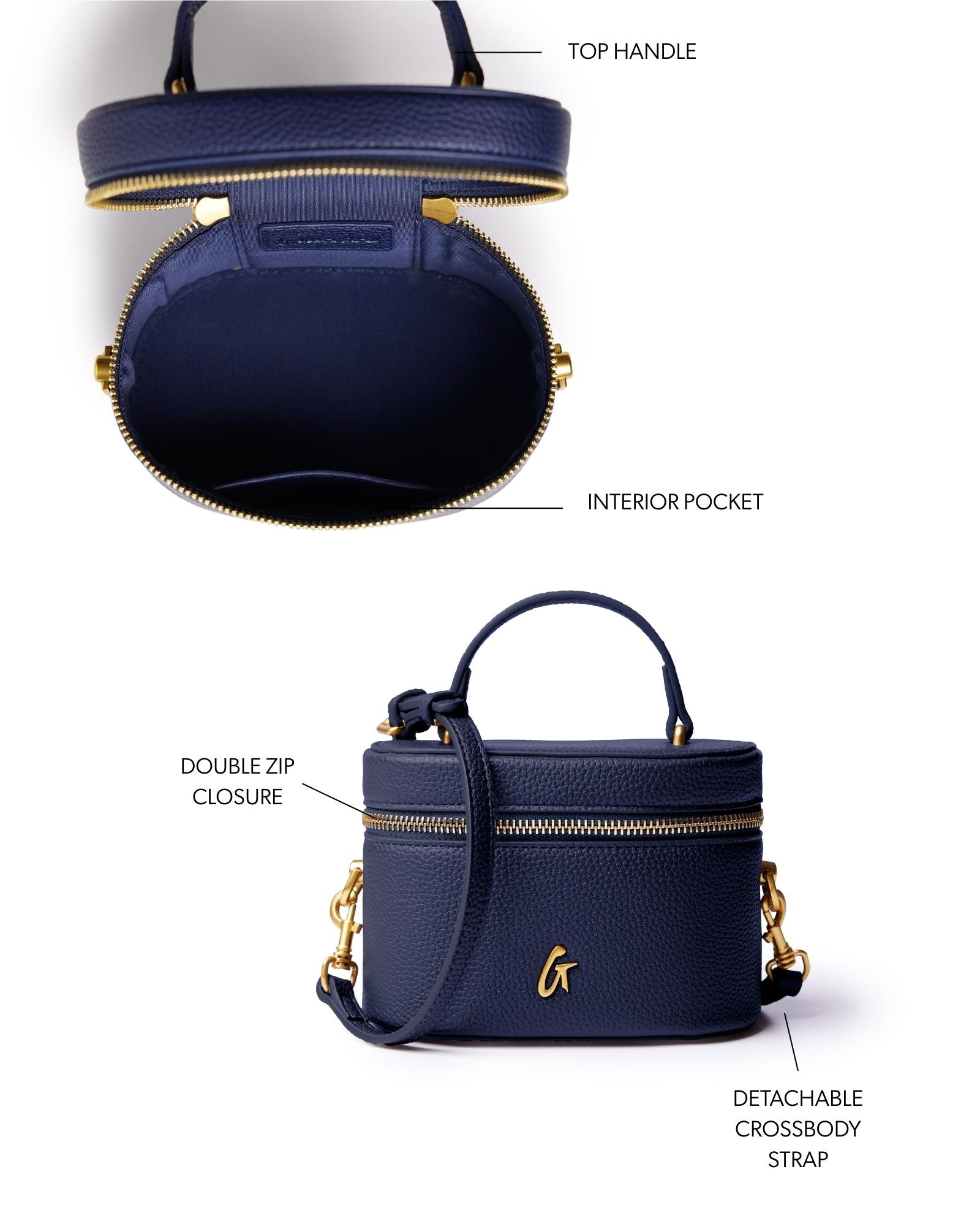 Navy mini pebble vanity bag with top handle, double zip closure, and detachable crossbody strap. Interior pocket included.