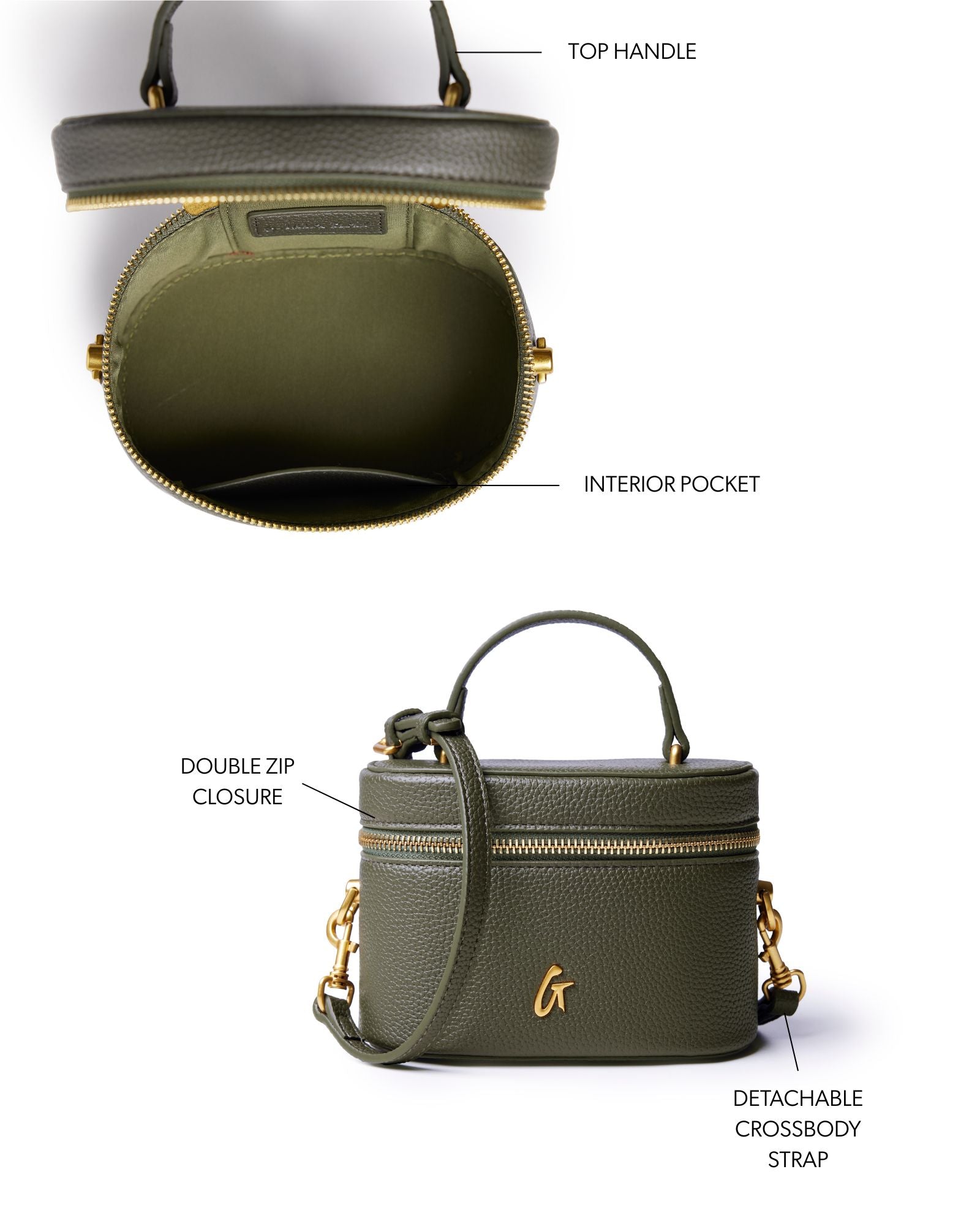 Olive green mini pebble vanity bag with top handle, double zip closure, and detachable crossbody strap.