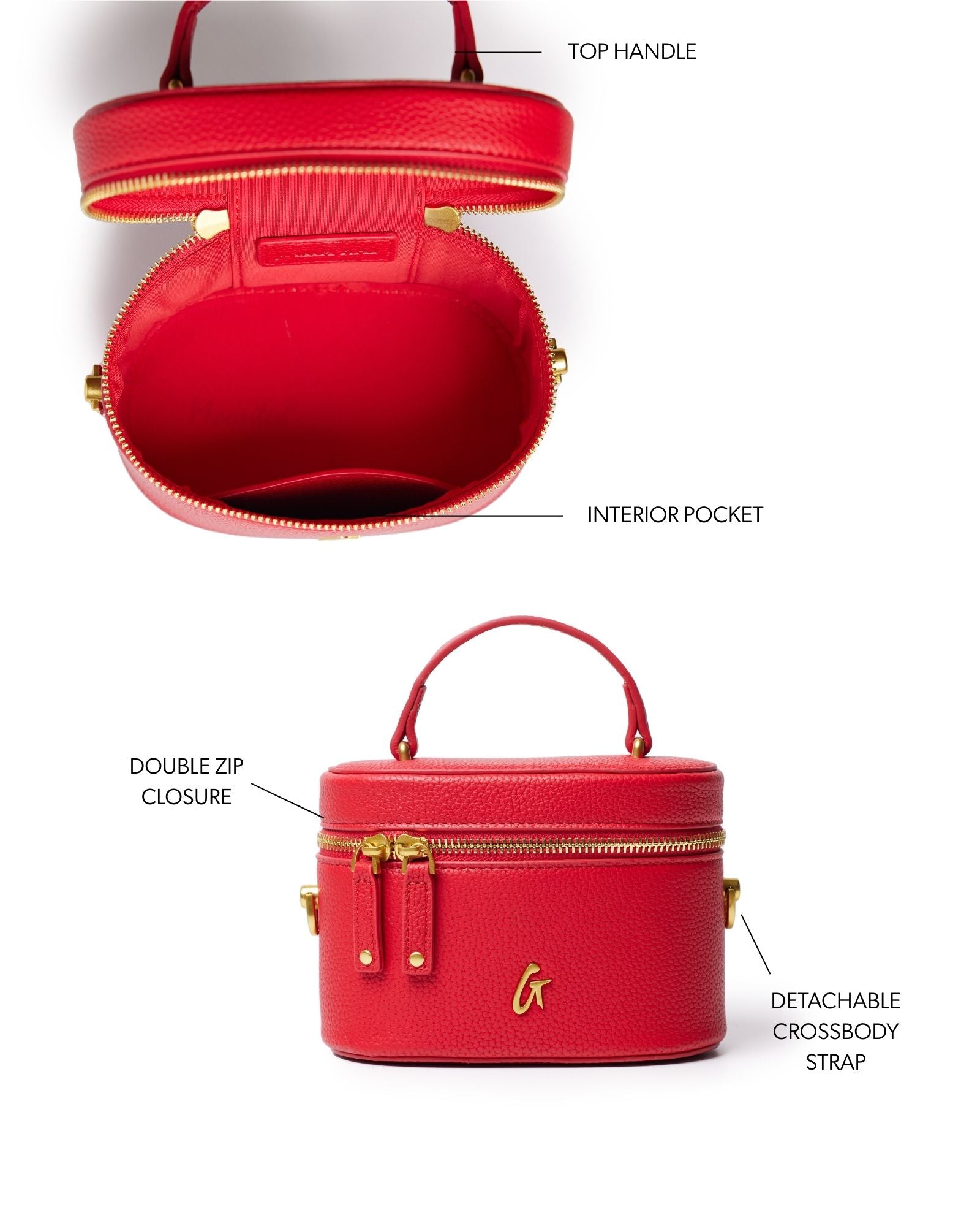 Red mini pebble vanity bag with top handle, double zip closure, and detachable crossbody strap. Interior pocket included.