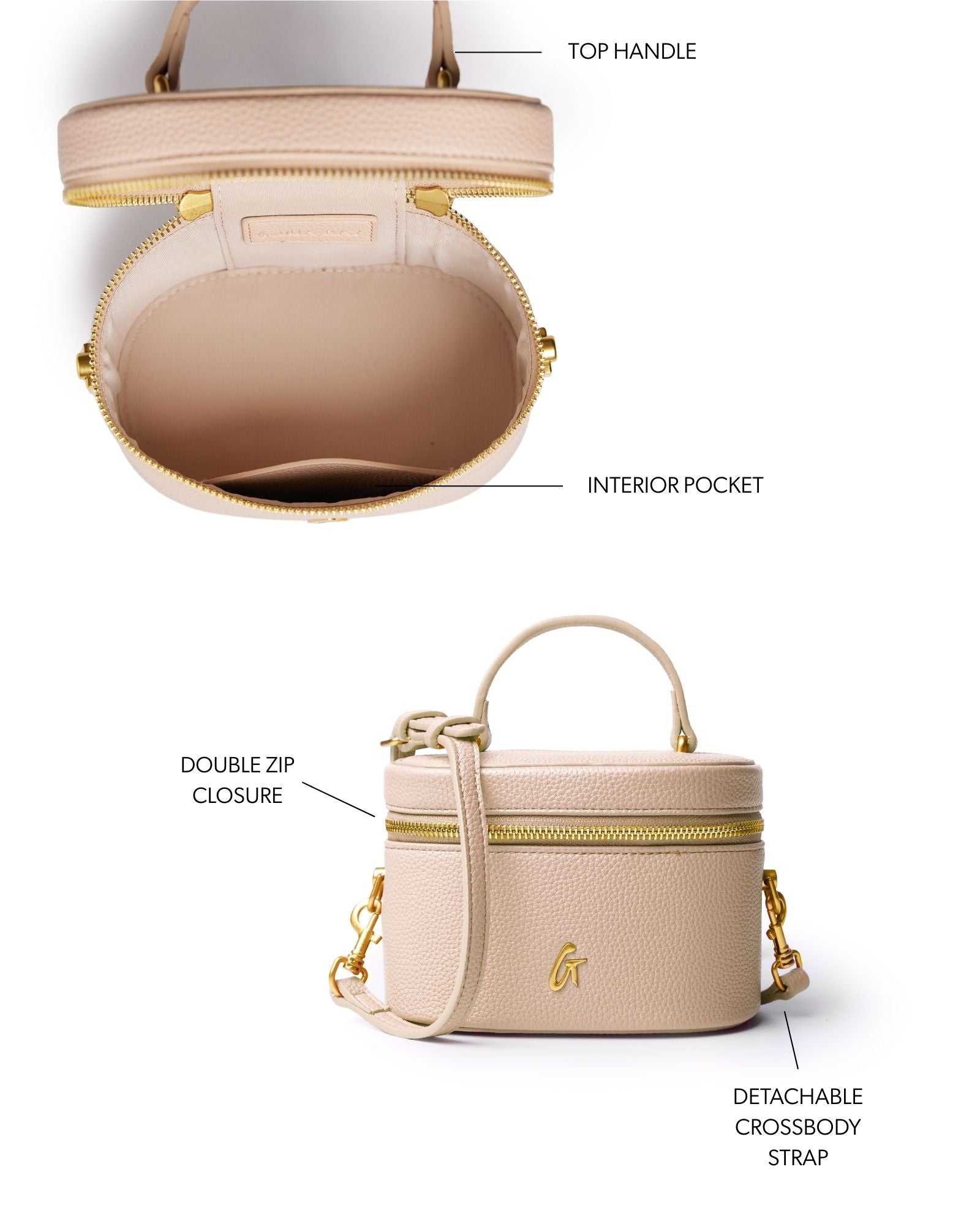 Mini pebble vanity bag in nude with a top handle, double zip closure, and detachable crossbody strap. Interior pocket included.
