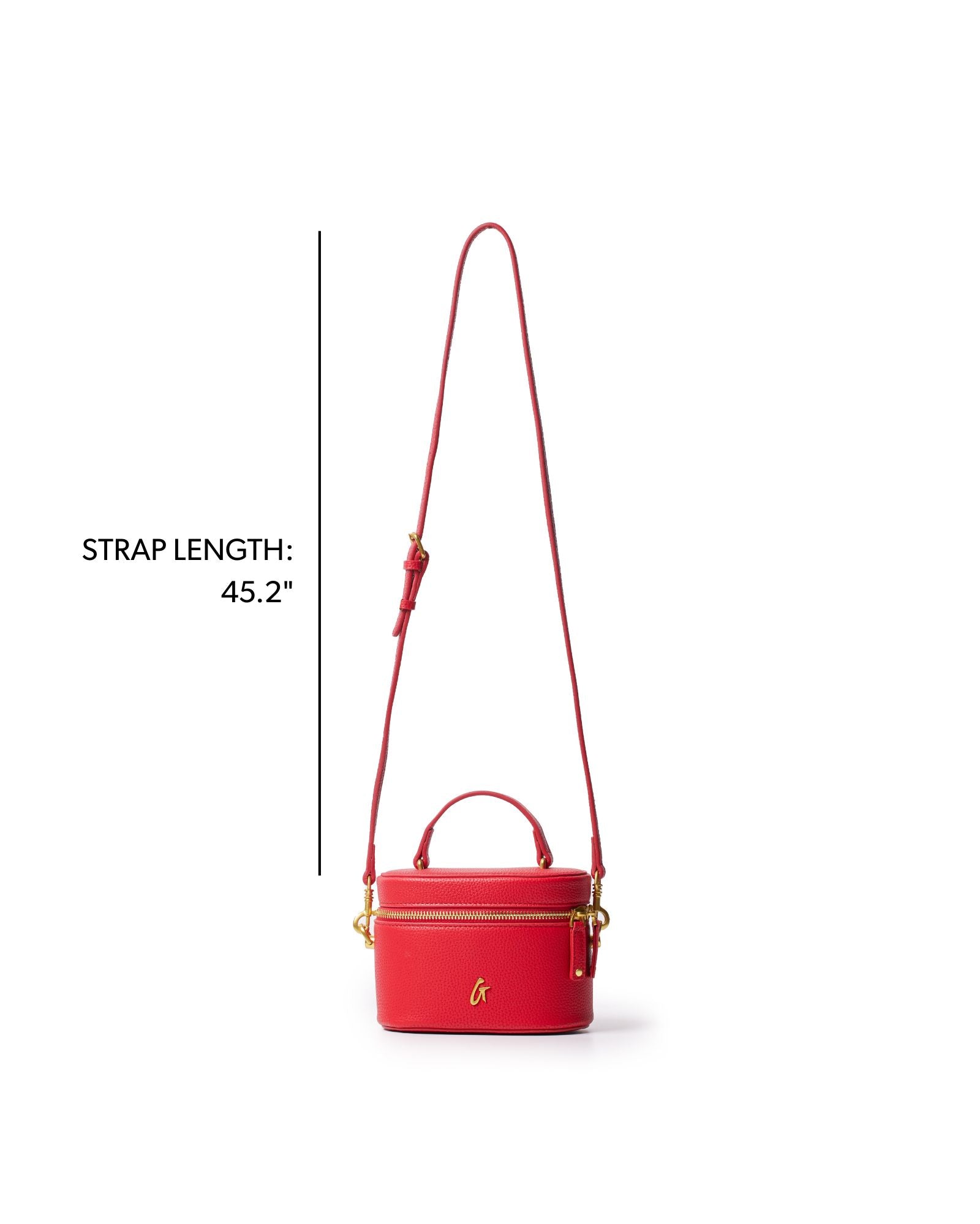 Mini pebble vanity bag in red with a detachable strap, featuring a stylish round design and gold accents.