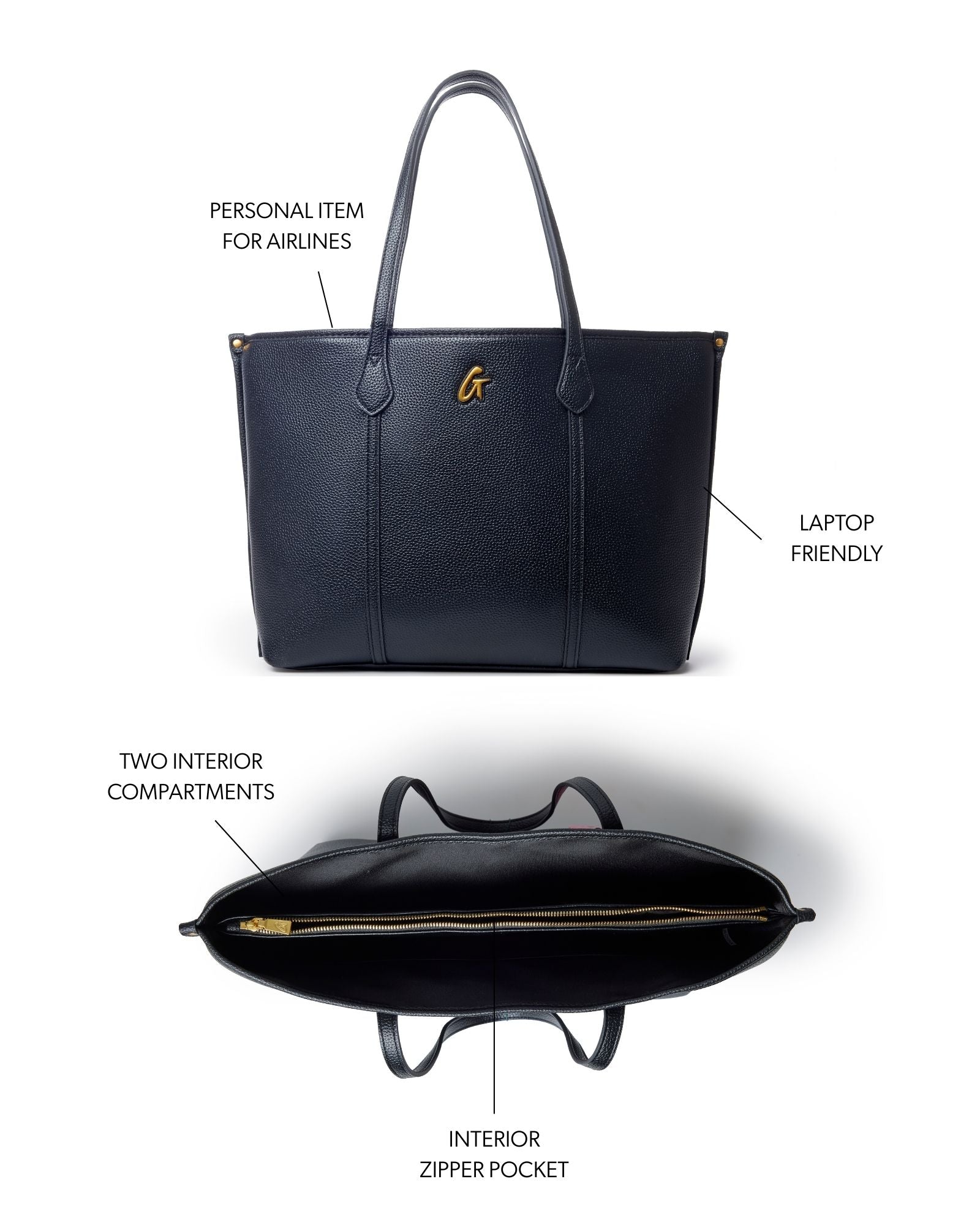 Black Pebble Sleek Tote featuring a laptop-friendly design, two interior compartments, and an interior zipper pocket.