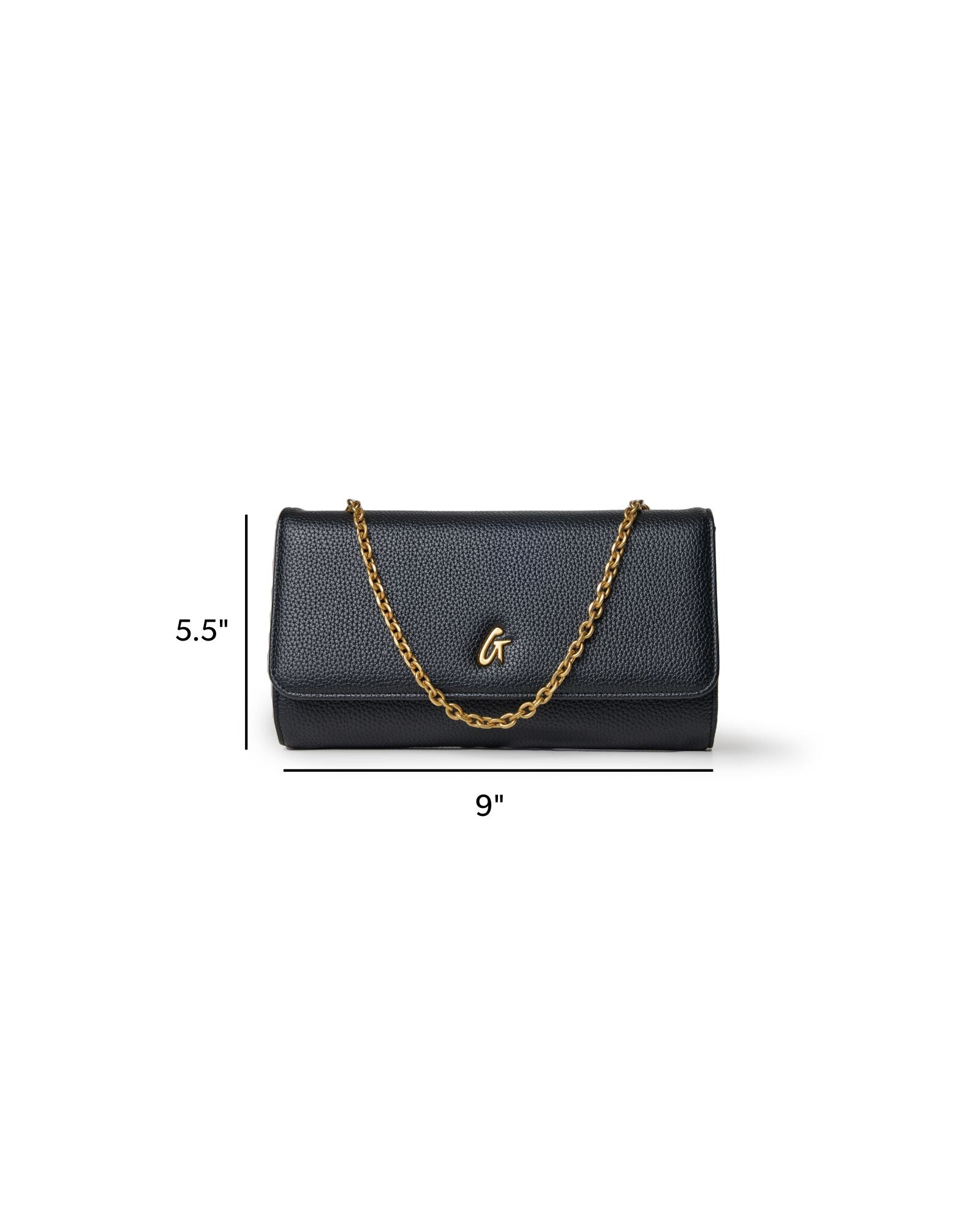Black pebble travel wallet on a chain, measuring 5.5 inches by 9 inches, featuring a gold chain strap.