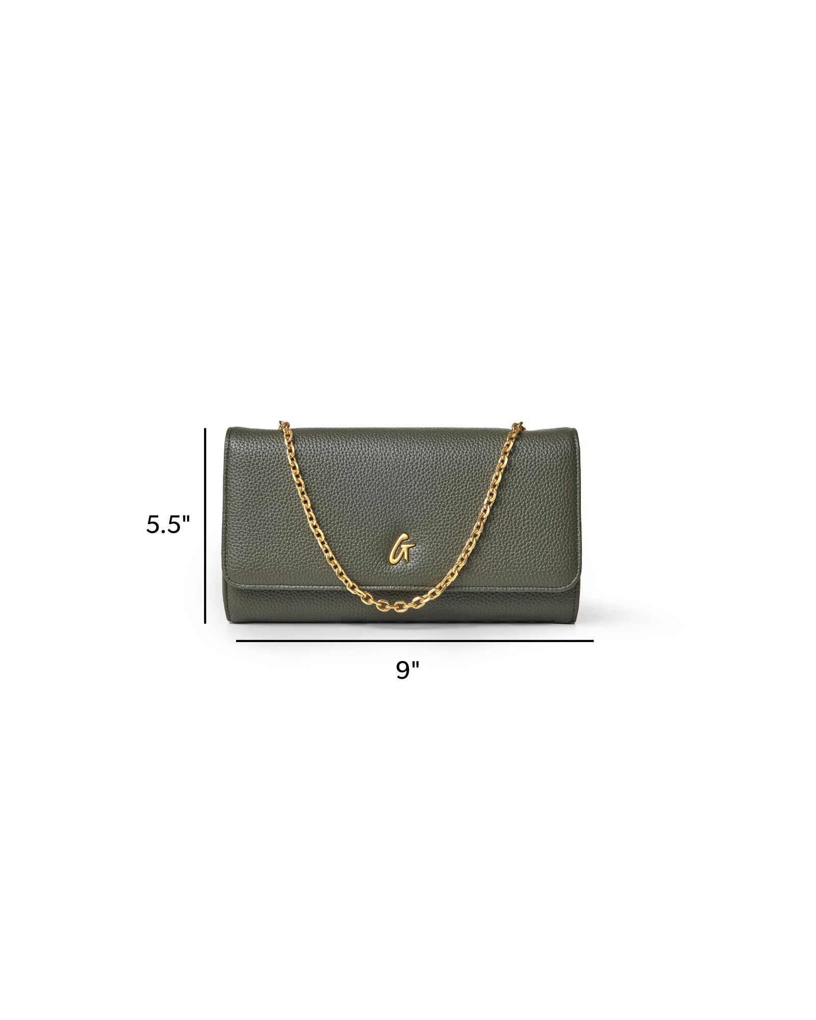 Olive green pebble travel wallet on a chain with gold-tone hardware, measuring 9 inches wide and 5.5 inches high.