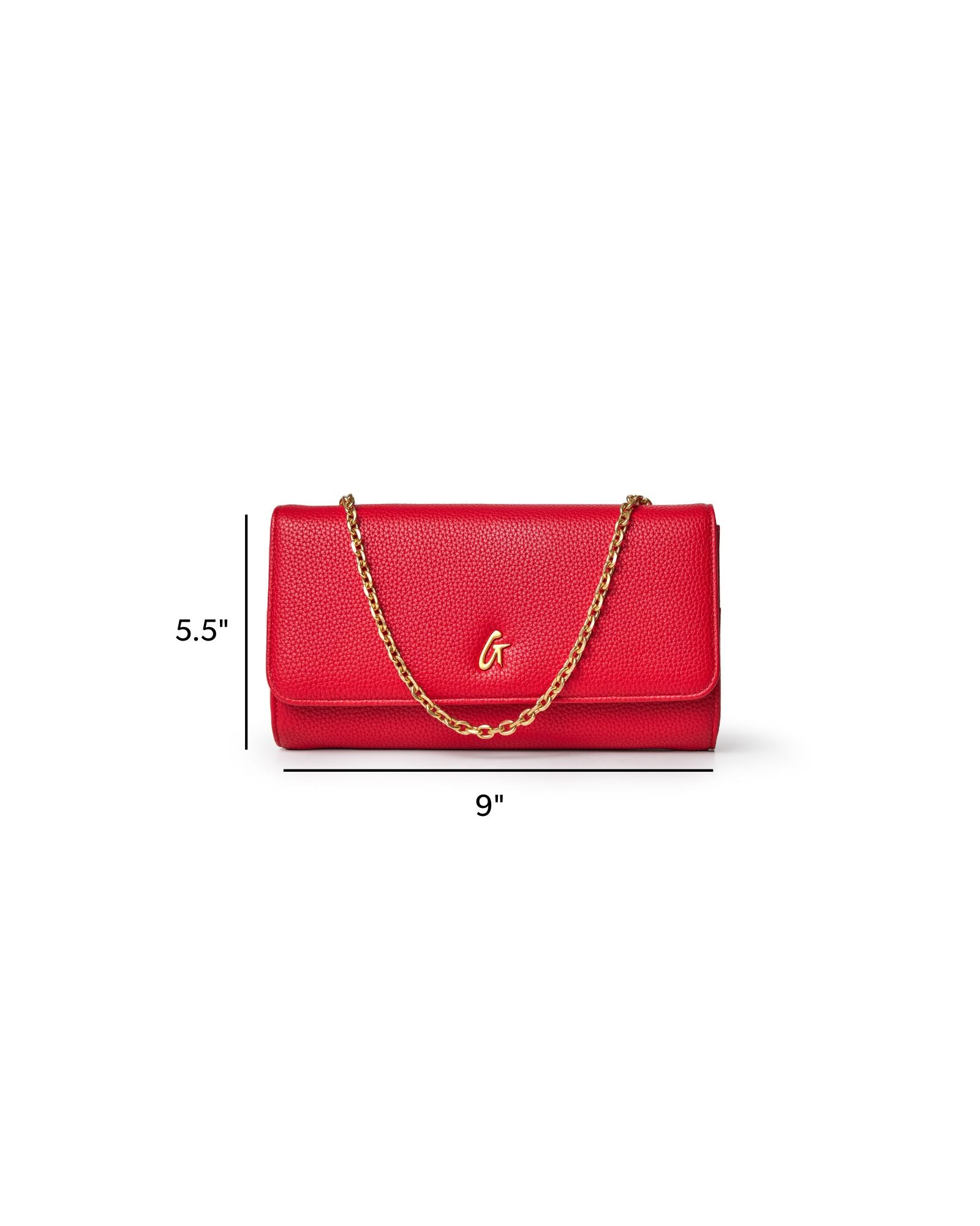 Red pebble travel wallet on a chain, measuring 9 inches wide and 5.5 inches high, featuring a stylish gold logo.
