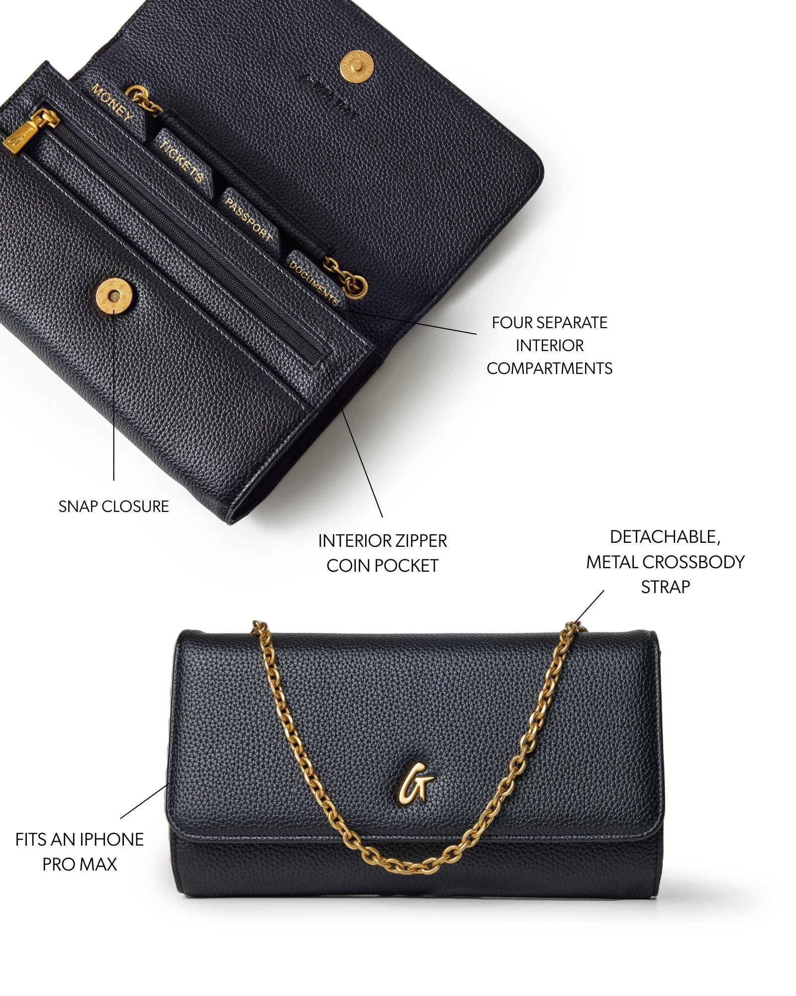 Black pebble travel wallet on chain featuring snap closure, multiple compartments, and detachable crossbody strap.