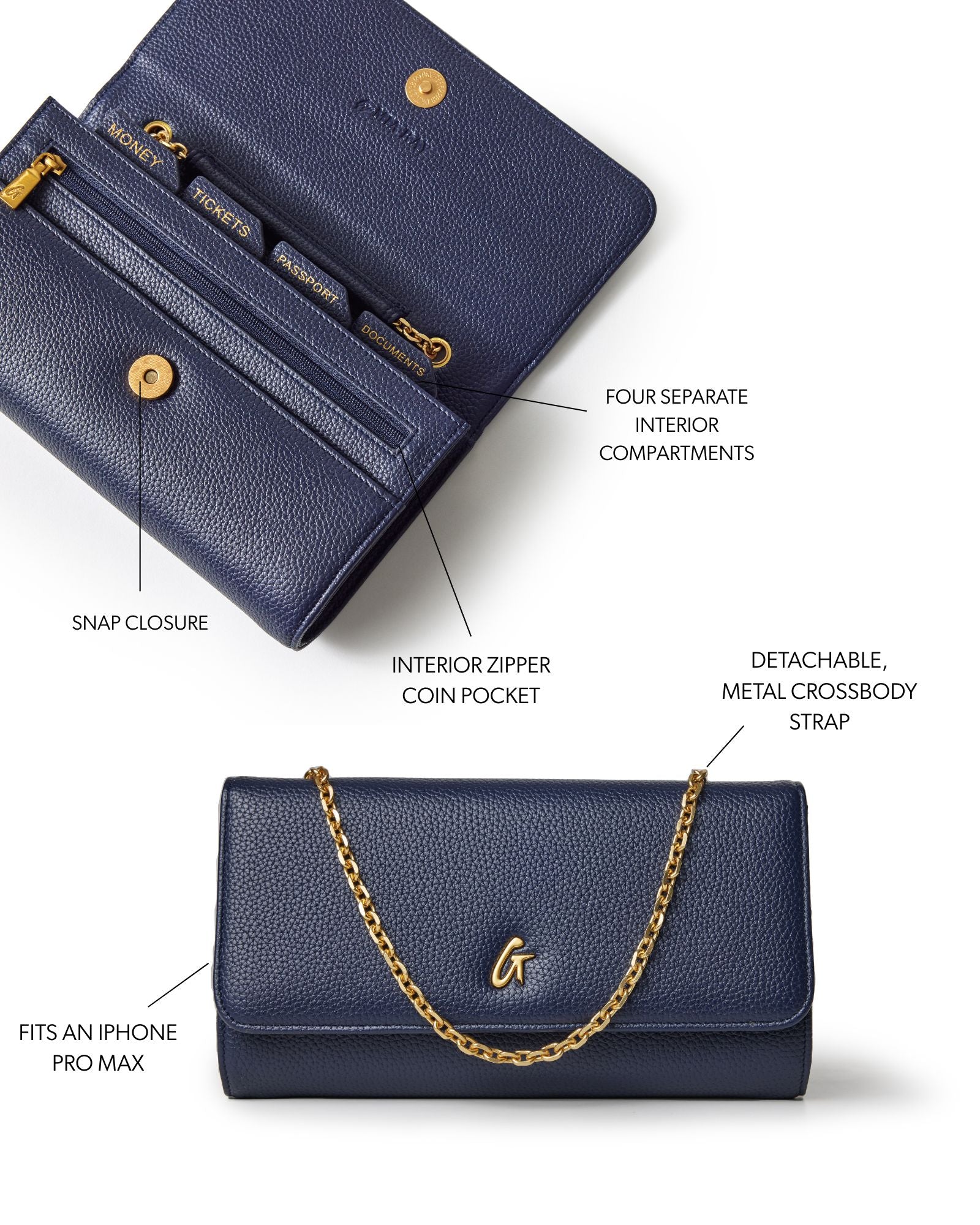 Navy pebble travel wallet on chain with gold strap, featuring multiple compartments and a zipper coin pocket.