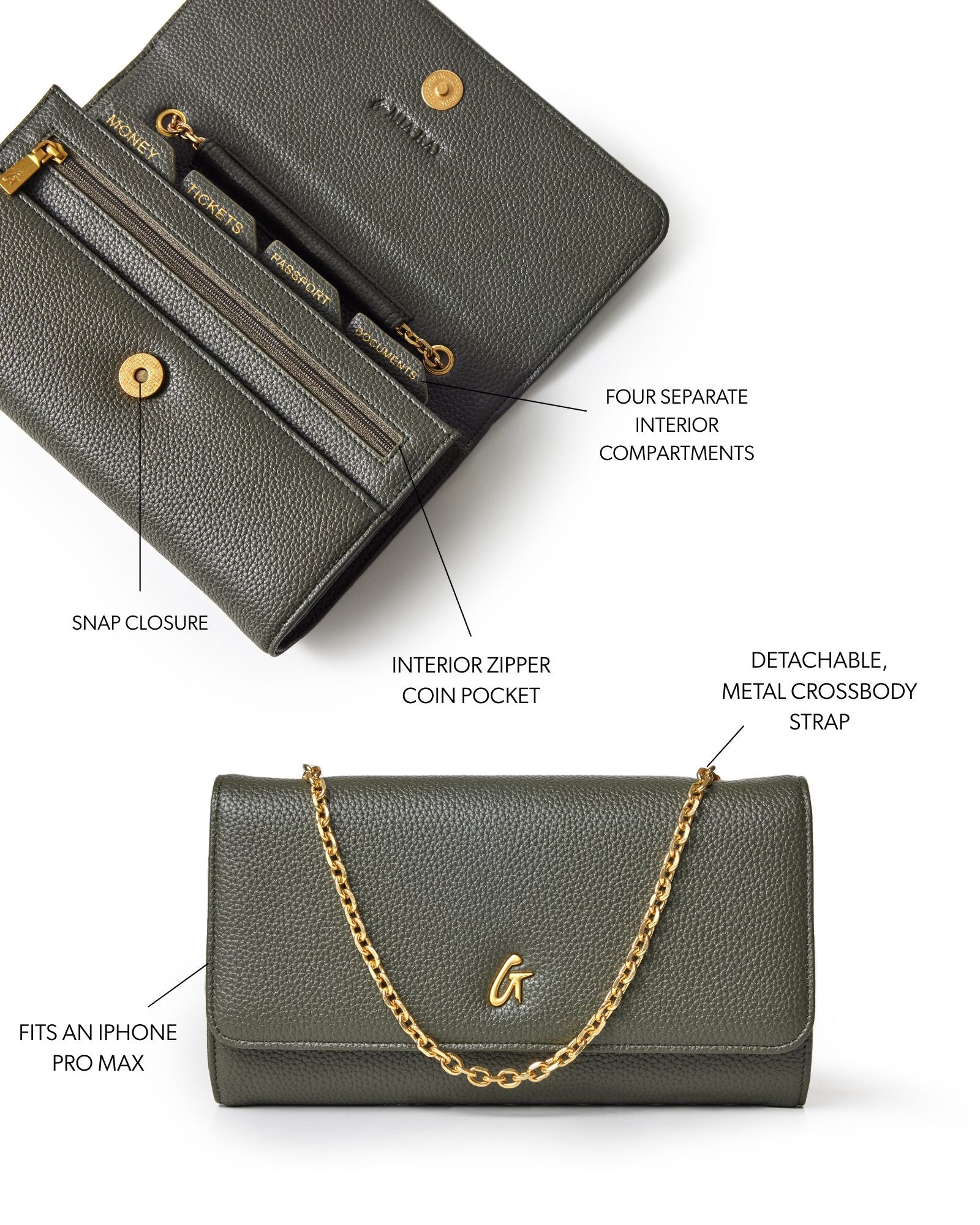Olive green pebble travel wallet on chain with snap closure, multiple compartments, and detachable crossbody strap.