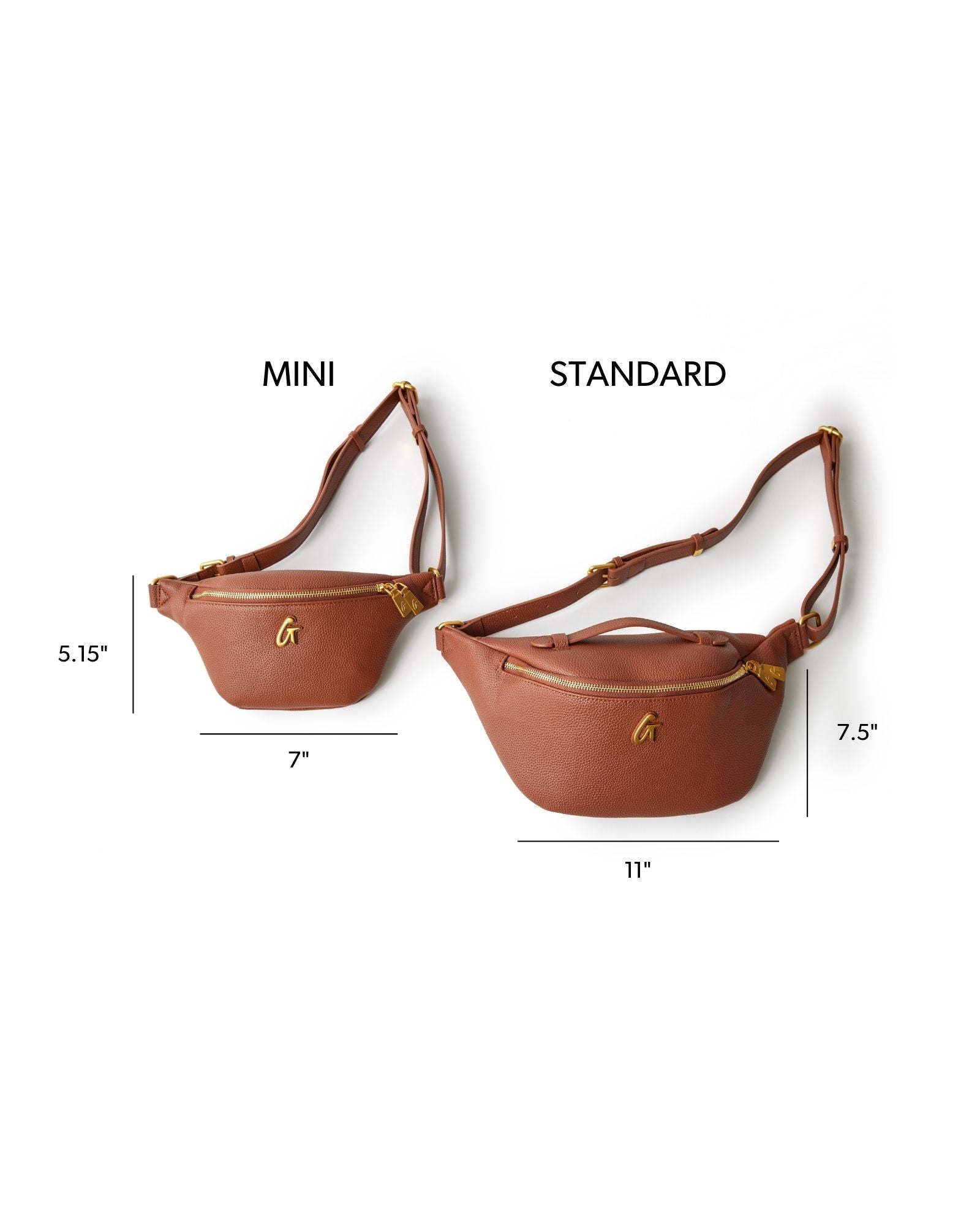 Mini Pebble Fanny Pack in brown, featuring adjustable straps and gold hardware, showcasing size comparison with standard version.