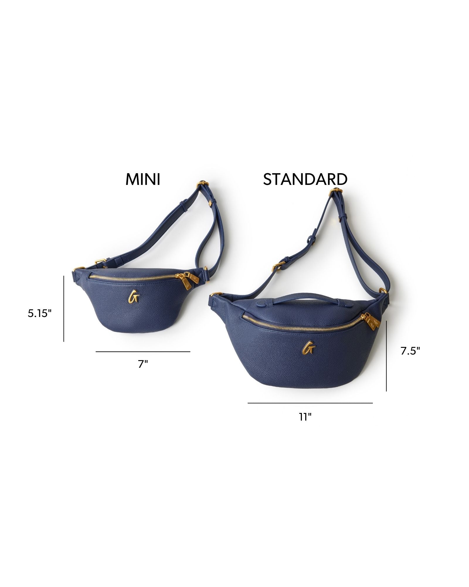 Navy mini pebble fanny pack with gold accents, featuring adjustable straps and compact design for stylish convenience.