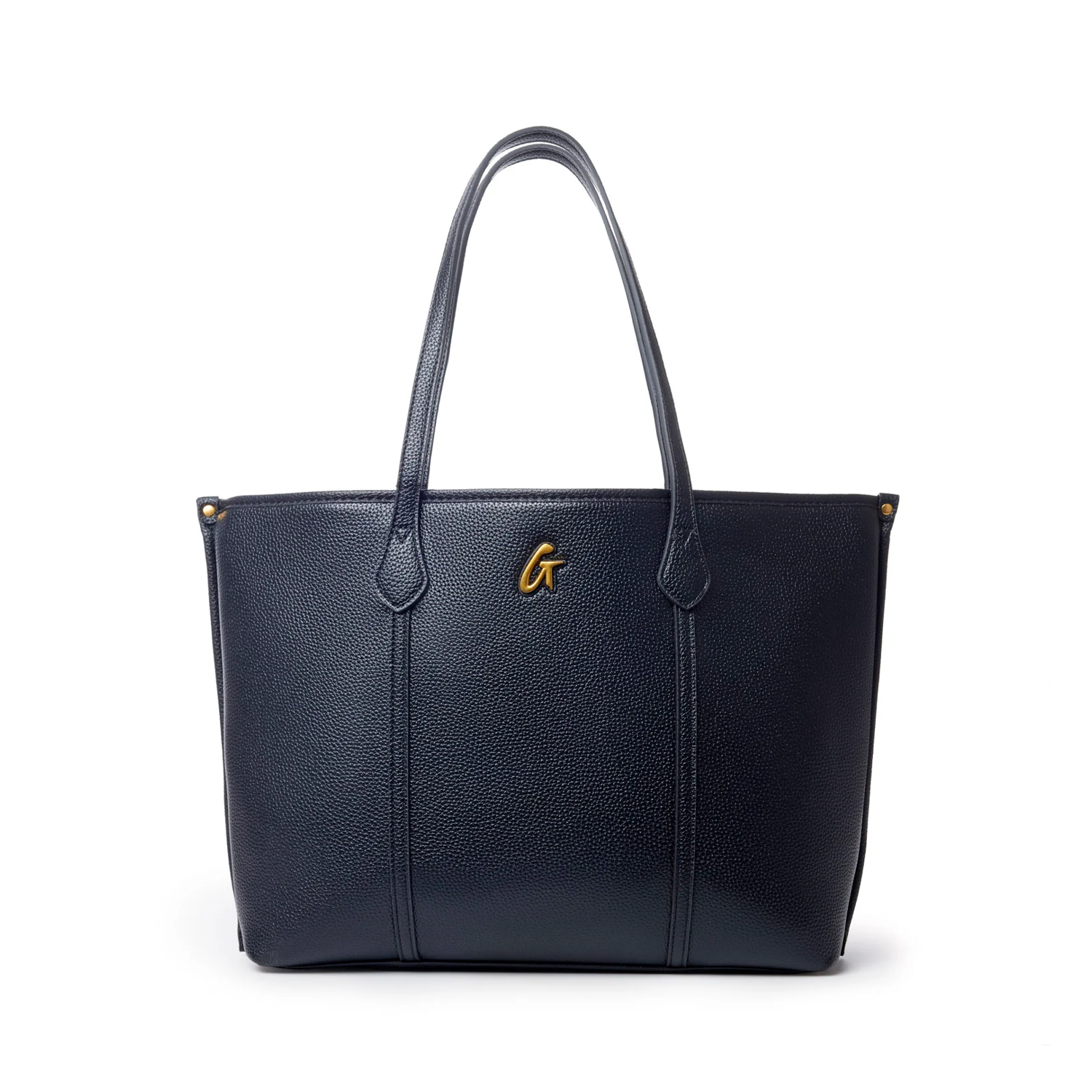 Black Pebble Sleek Tote with a textured finish and gold logo, perfect for stylish everyday use.