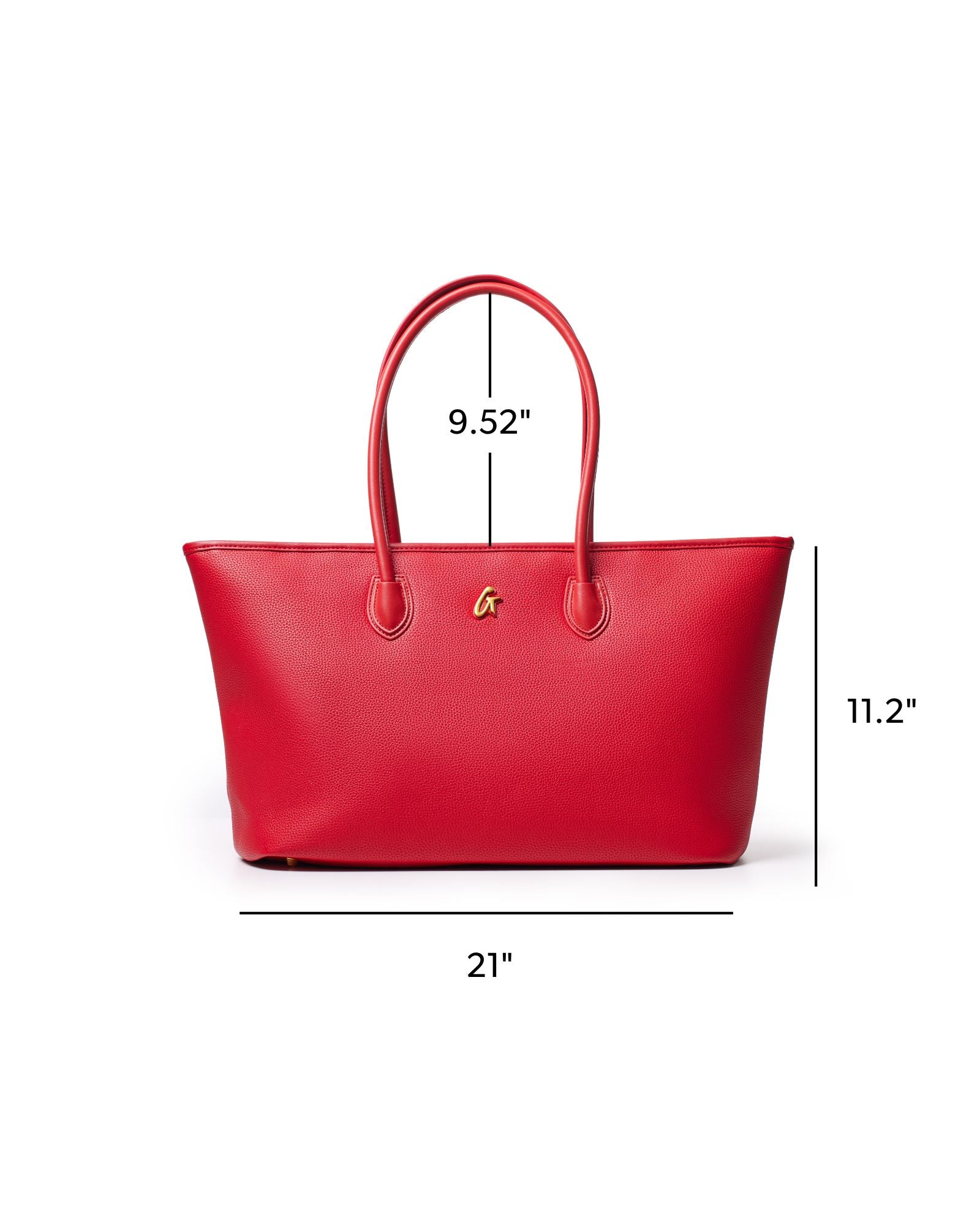 Red pebble tote bag with a sleek design, featuring sturdy handles and a gold logo accent, measuring 21 x 11.2 x 9.52 inches.