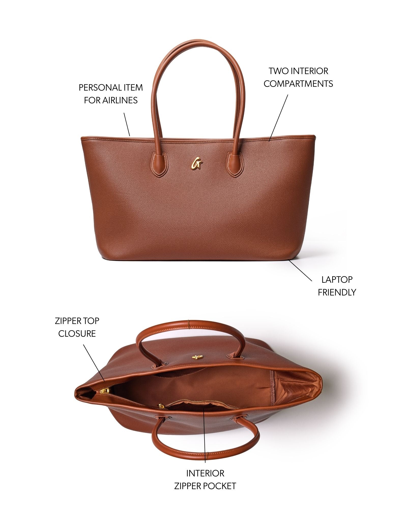 Brown Pebble Power Pack handbag featuring two interior compartments, a laptop-friendly design, and a zipper top closure.