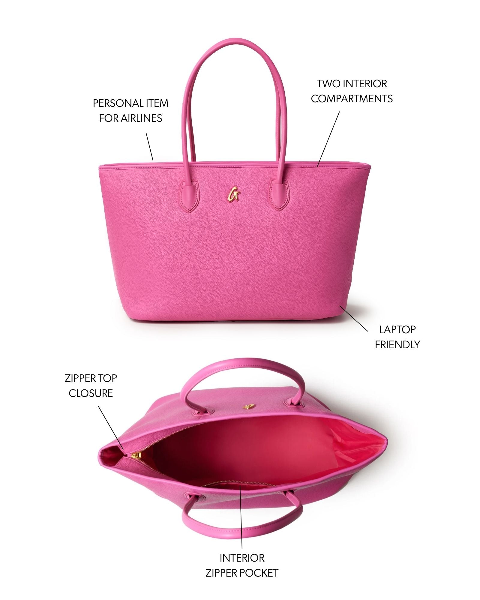 Hot pink pebble tote bag with two interior compartments, zipper closure, and laptop-friendly design. Ideal for travel.