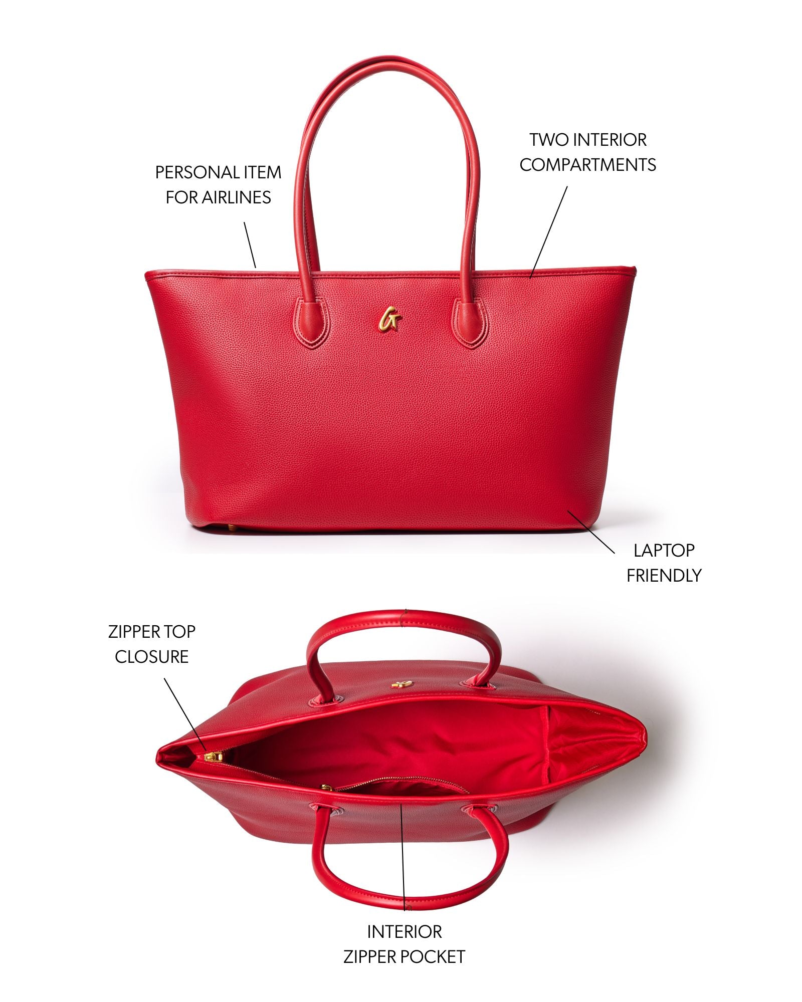 Red pebble tote bag featuring two interior compartments, a laptop-friendly design, and a zipper top closure.