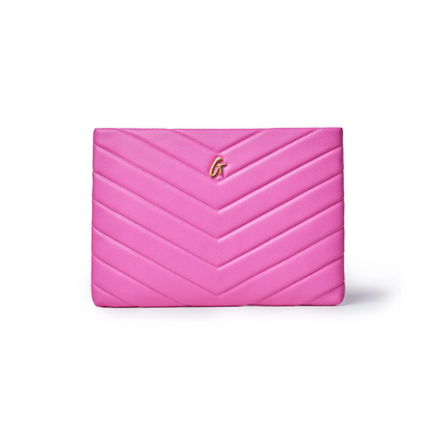 Hot pink chevron laptop sleeve featuring a stylish gold logo, perfect for protecting your device in style.