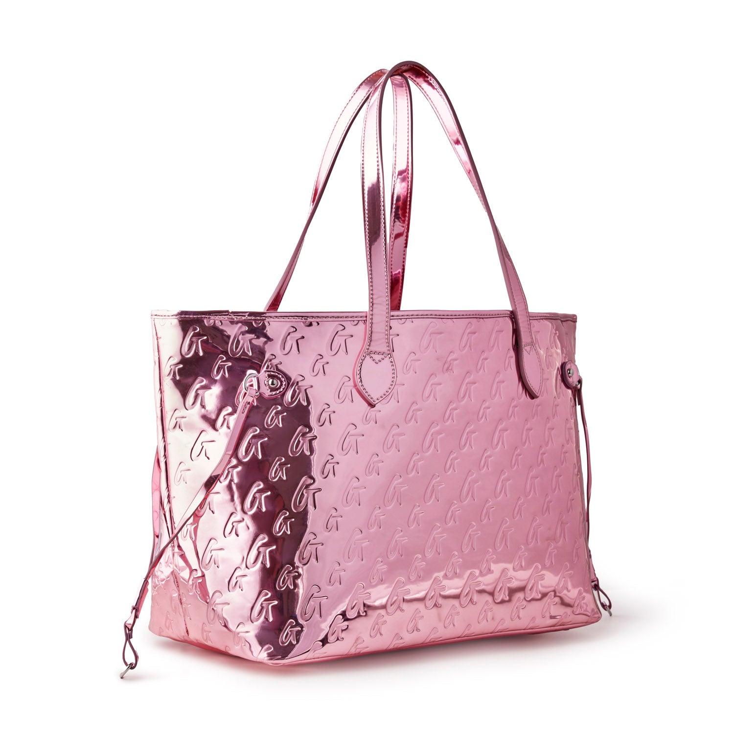Metallic pink monogram tote bag with matching wristlet, featuring sleek handles and a stylish design.