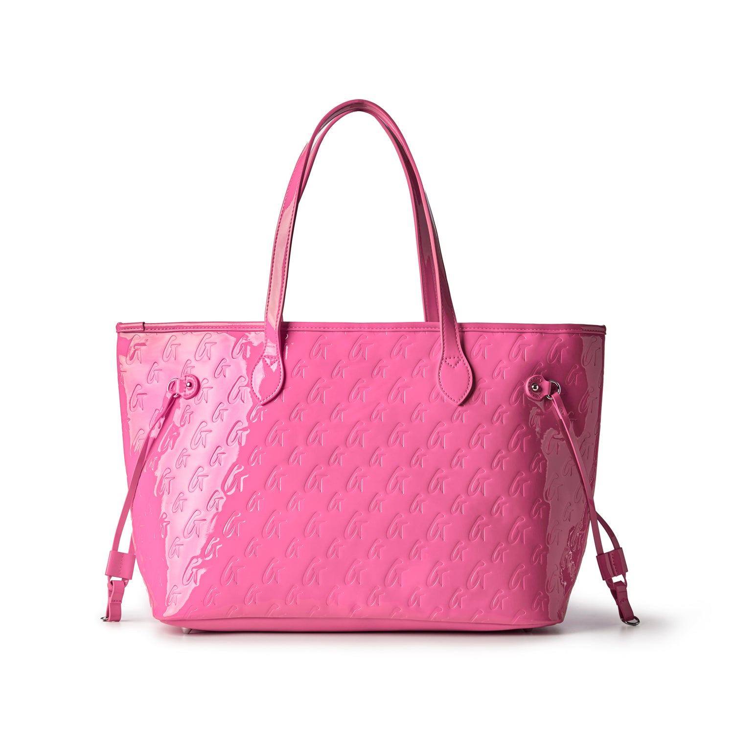 Hot pink monogram tote bag with matching wristlet, featuring a sleek design and stylish handles for everyday use.