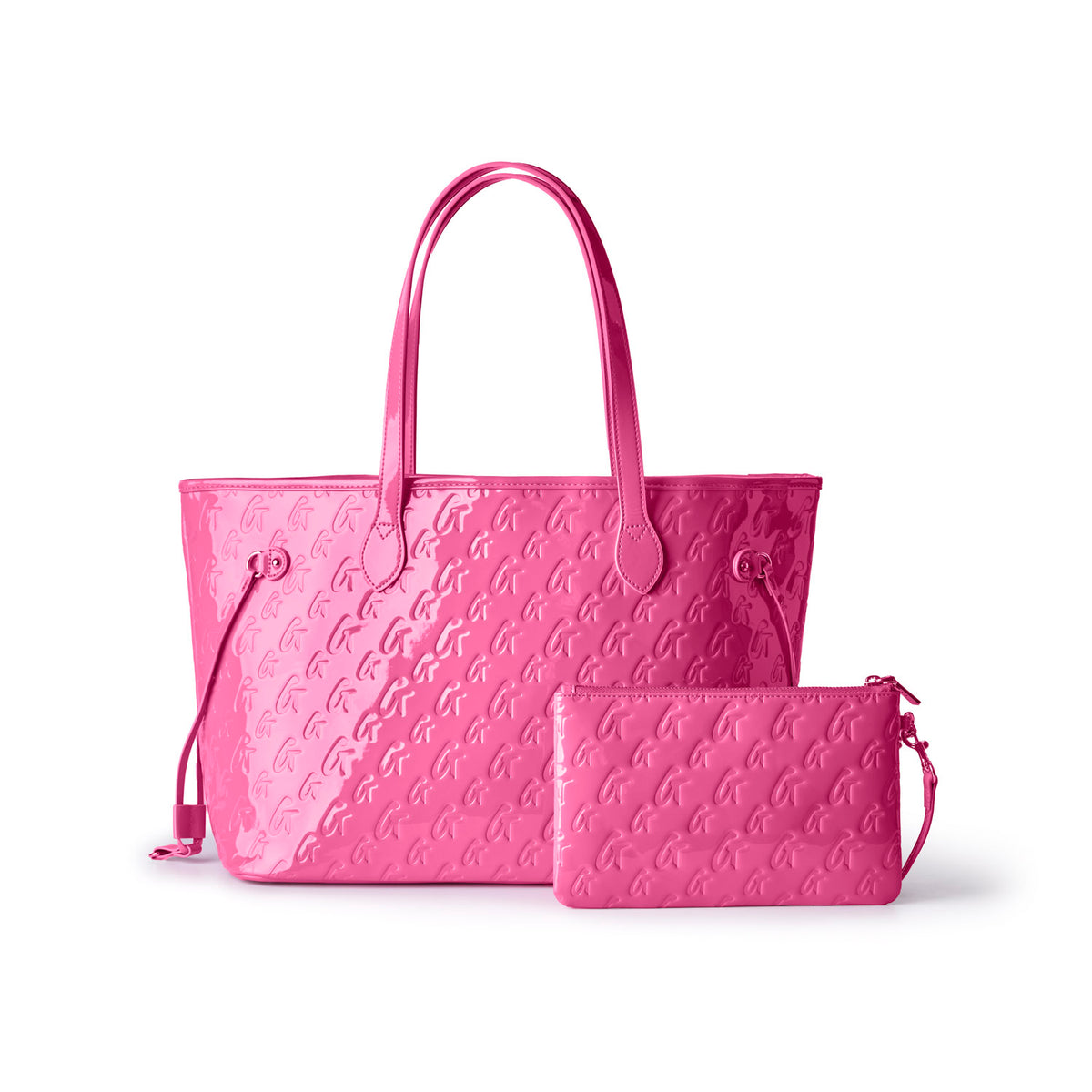 Hot pink monogram travel set featuring a spacious tote and a matching pouch, perfect for stylish travel organization.