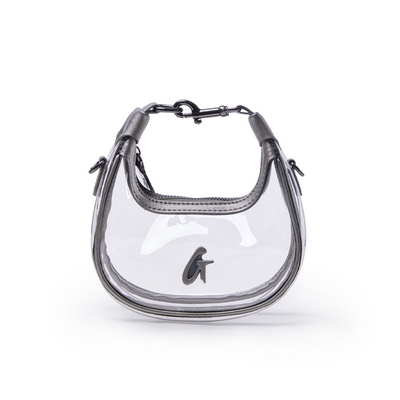 Clear hobo bag in platinum with a sleek design and metallic accents, perfect for a stylish, modern look.