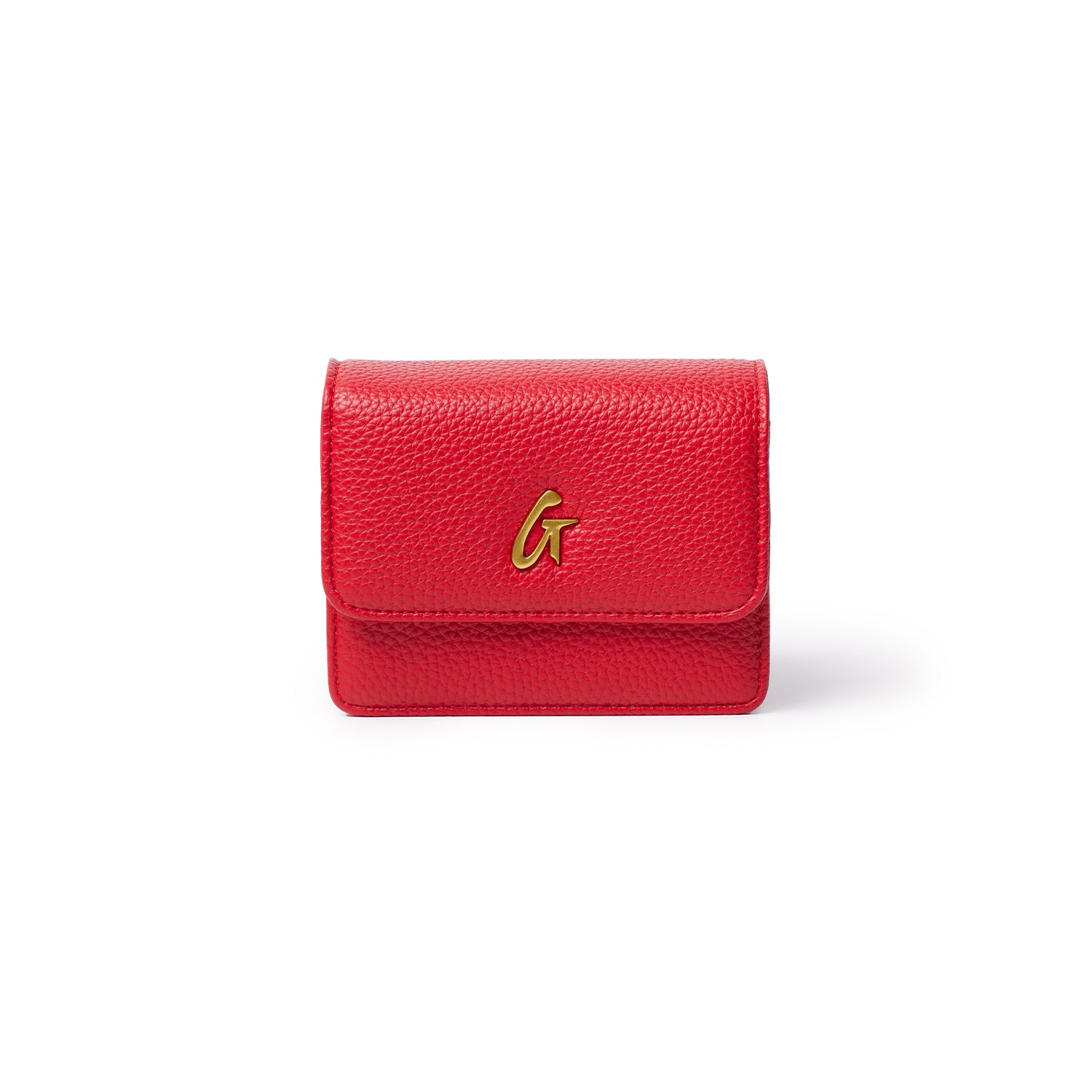 Red mini pebble leather wallet with a gold "G" logo on the front, featuring a textured surface and compact design.