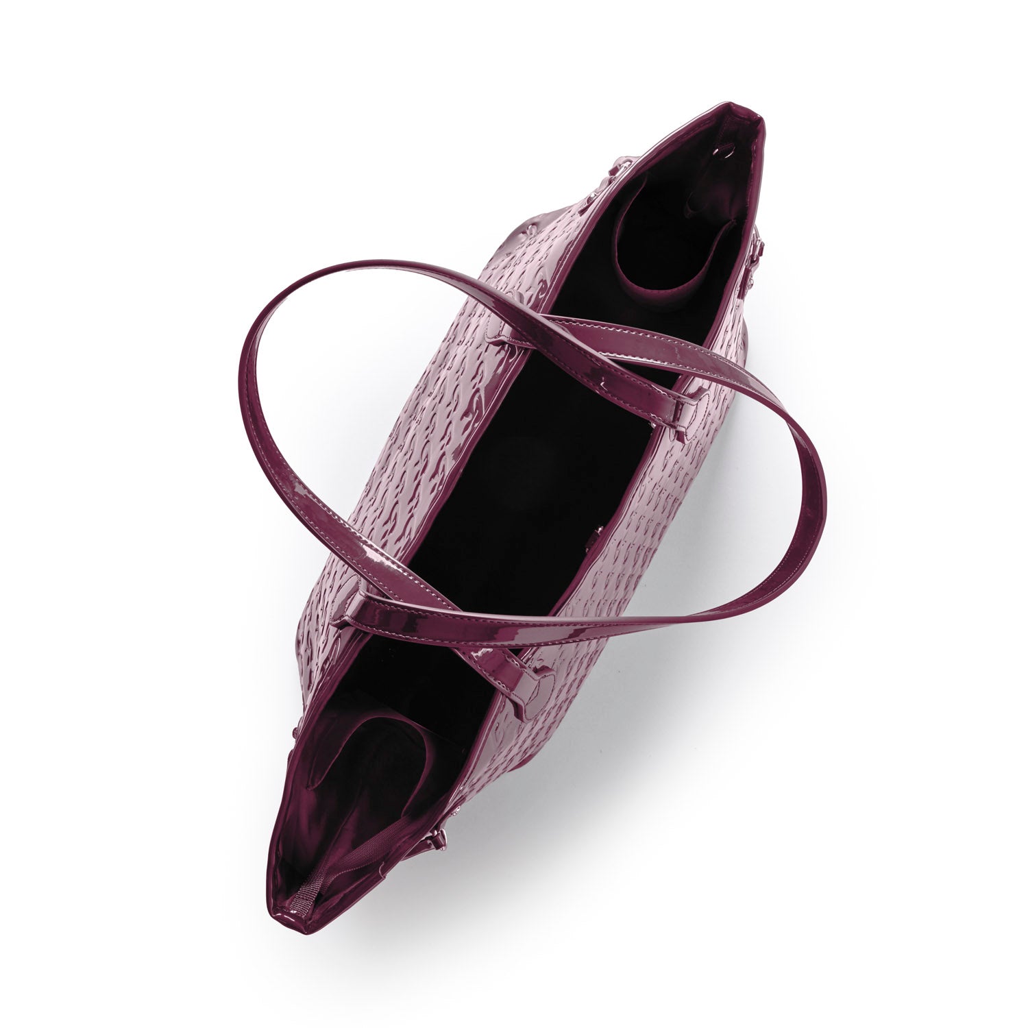 Monogram Glam Tote in mirror burgundy with dual handles and a matching wristlet, featuring a spacious interior.