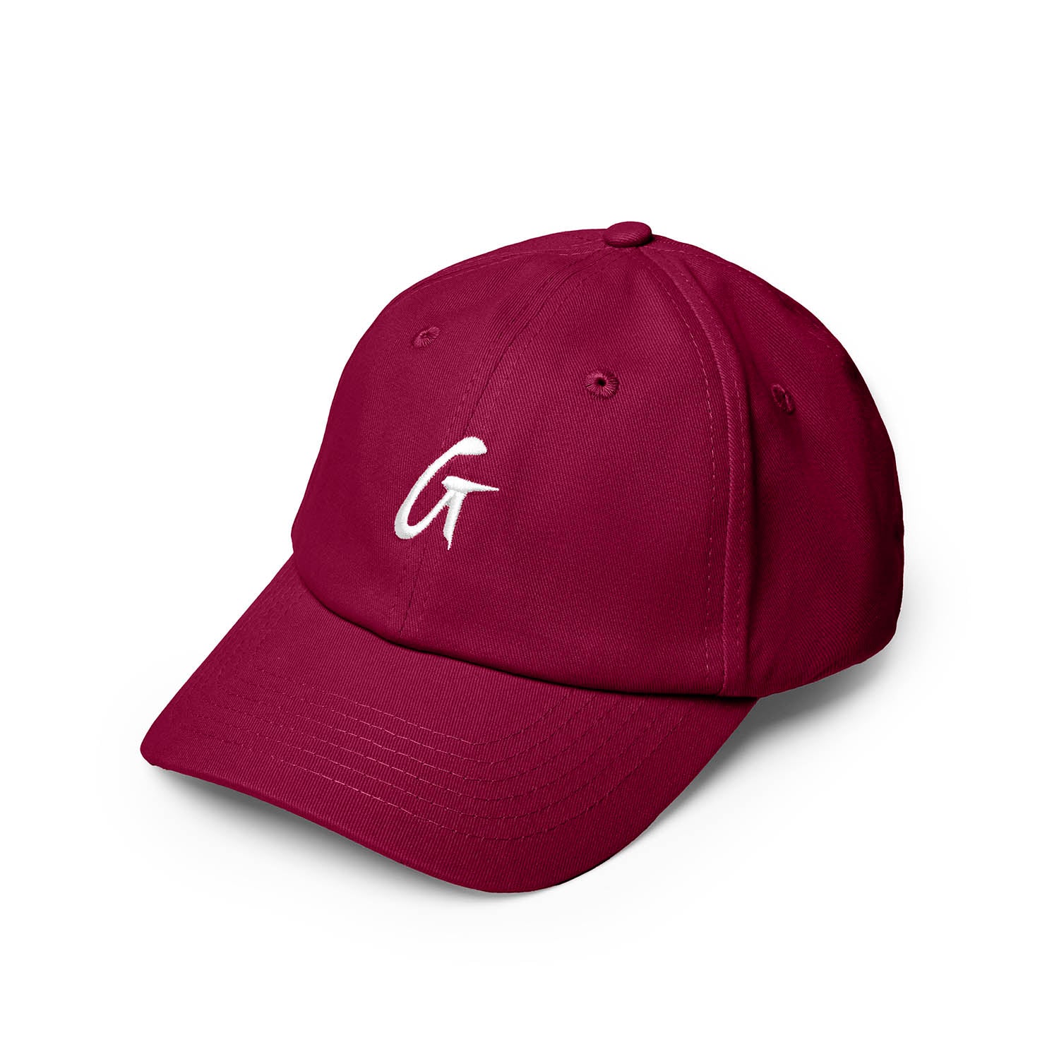 Burgundy dad hat featuring a white embroidered letter G, perfect for casual styling and everyday wear.