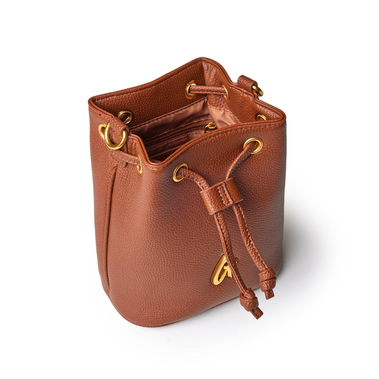 Brown pebble-textured bucket bag with gold hardware, drawstring closure, and interior zip pocket.