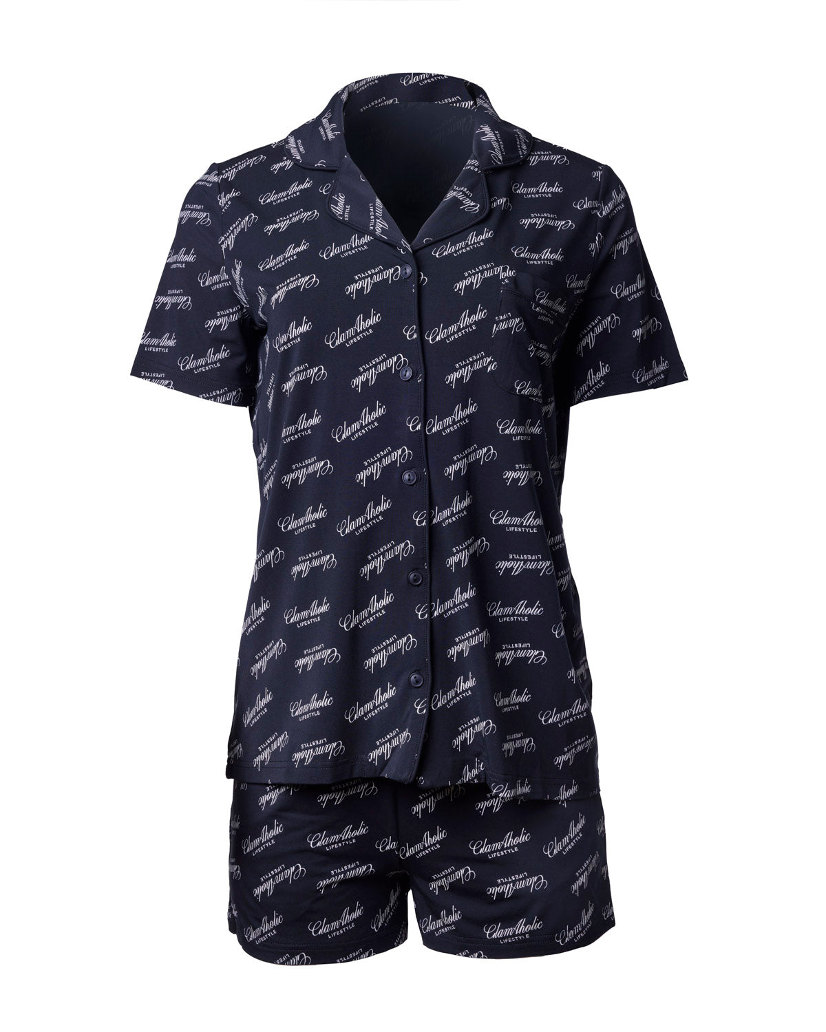 Black pajama short set featuring a stylish print and a comfortable, relaxed fit, perfect for lounging at home.