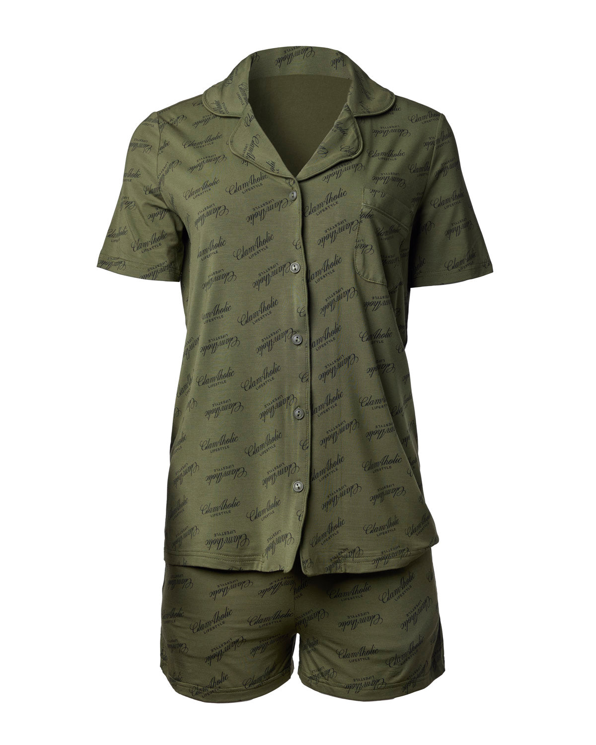 Green pajama short set featuring a button-up shirt and matching shorts, adorned with a subtle logo print.