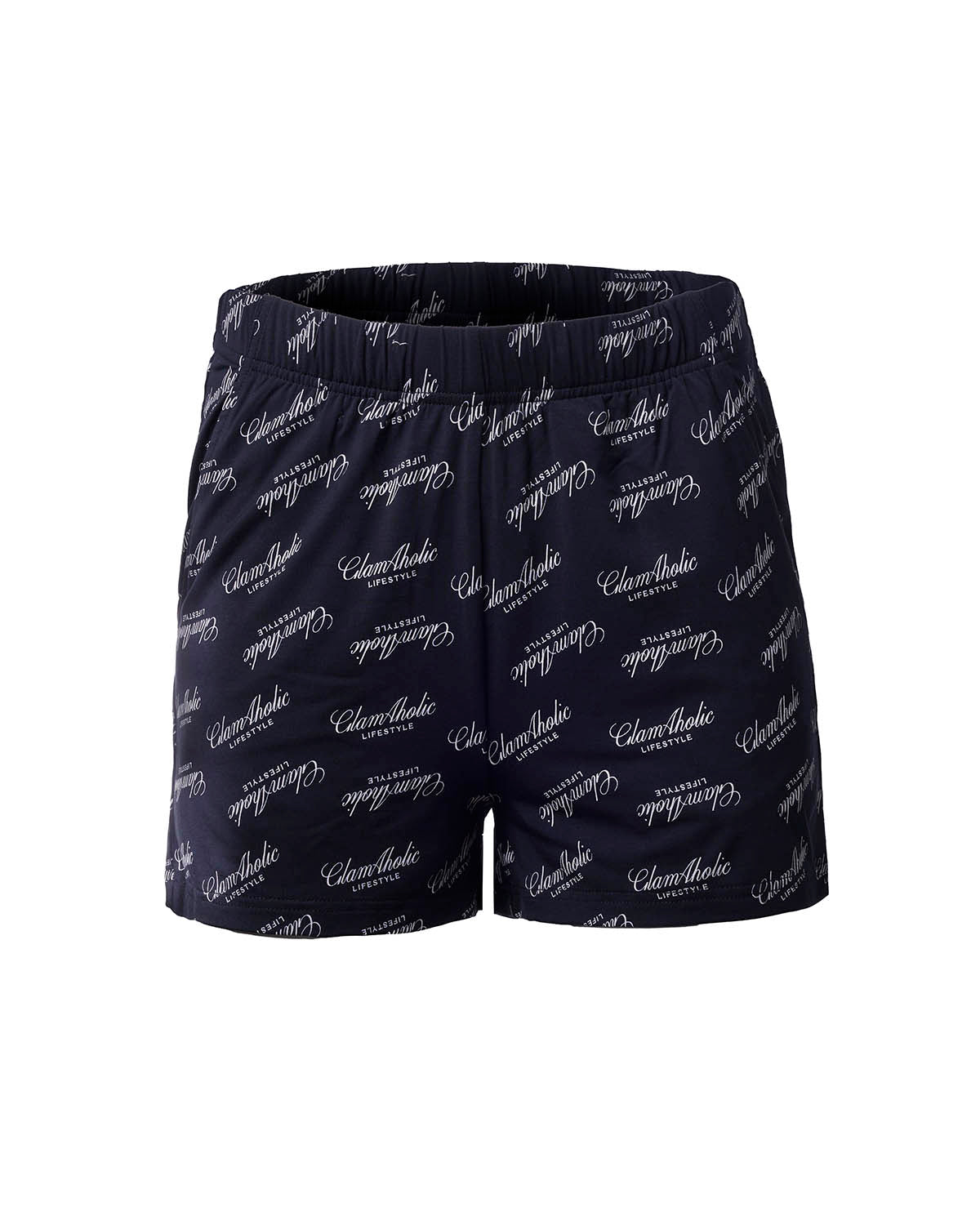 Black pajama shorts featuring an all-over Glam-Aholic logo print, designed for stylish comfort at home.