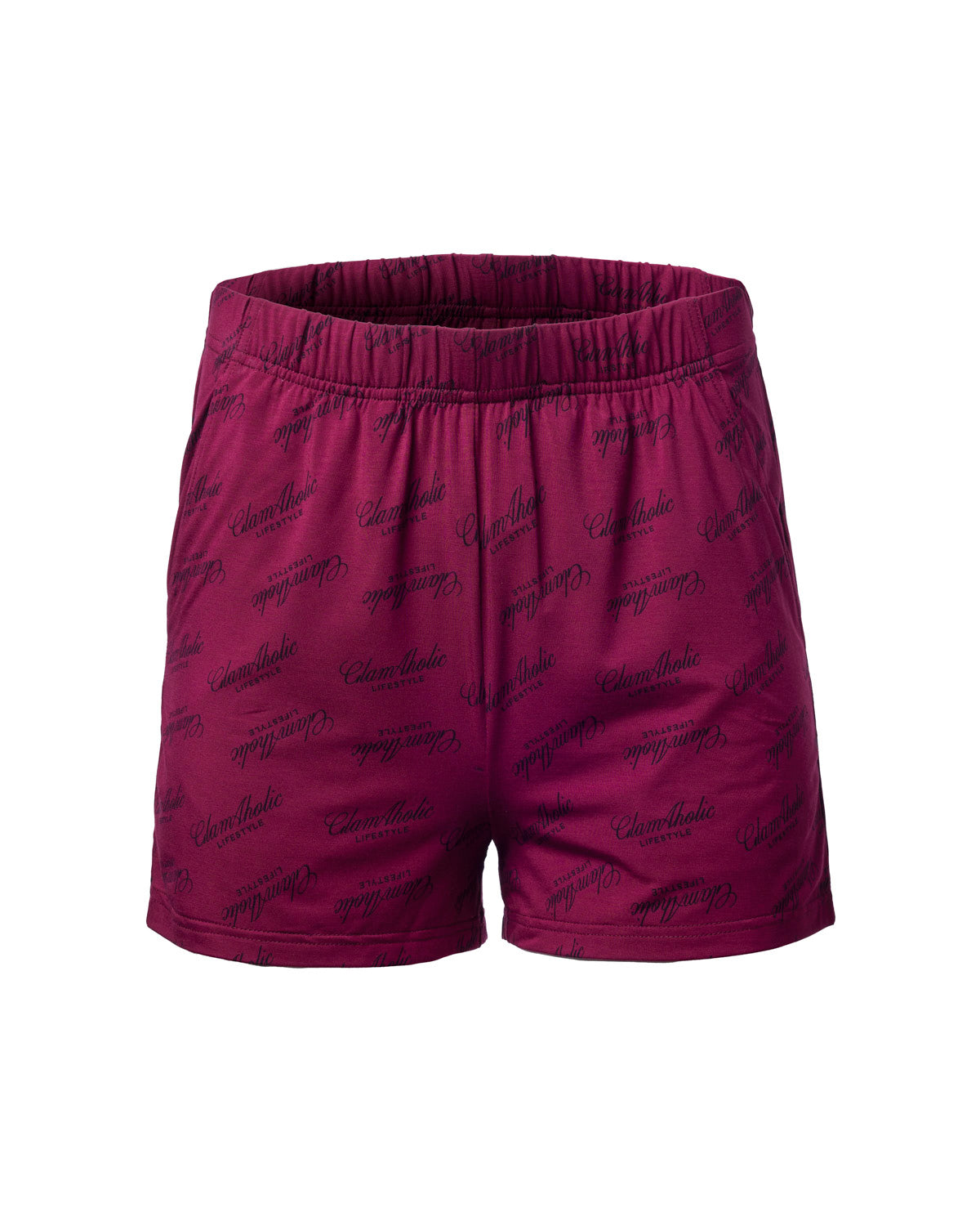 Burgundy pajama shorts featuring an all-over Glam-Aholic logo print, designed for stylish comfort at home.