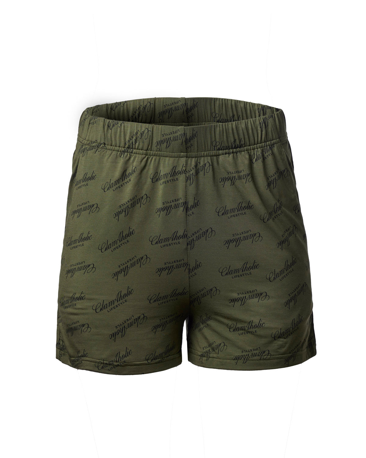Green pajama shorts featuring an all-over Glam-Aholic logo print, designed for comfort and style.