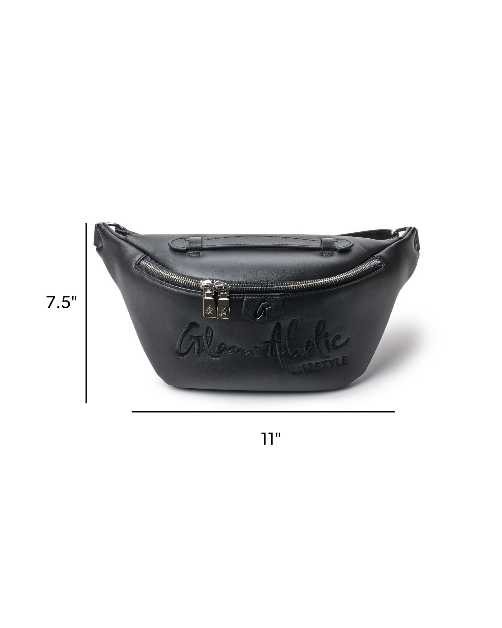 Black signature logo fanny pack with a sleek design, featuring a zippered closure and embossed branding.