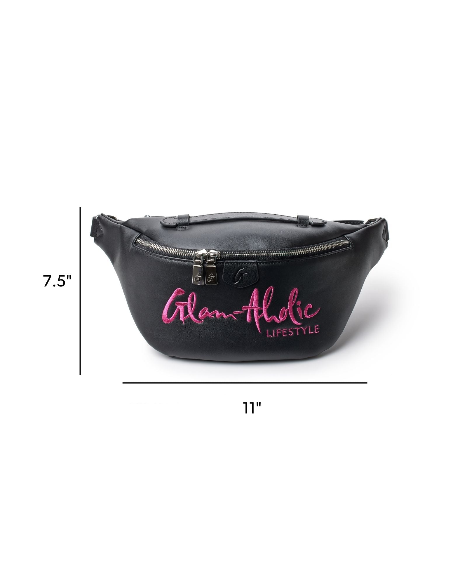 Black and pink Glam-Aholic Lifestyle signature logo fanny pack featuring a sleek design and adjustable strap.