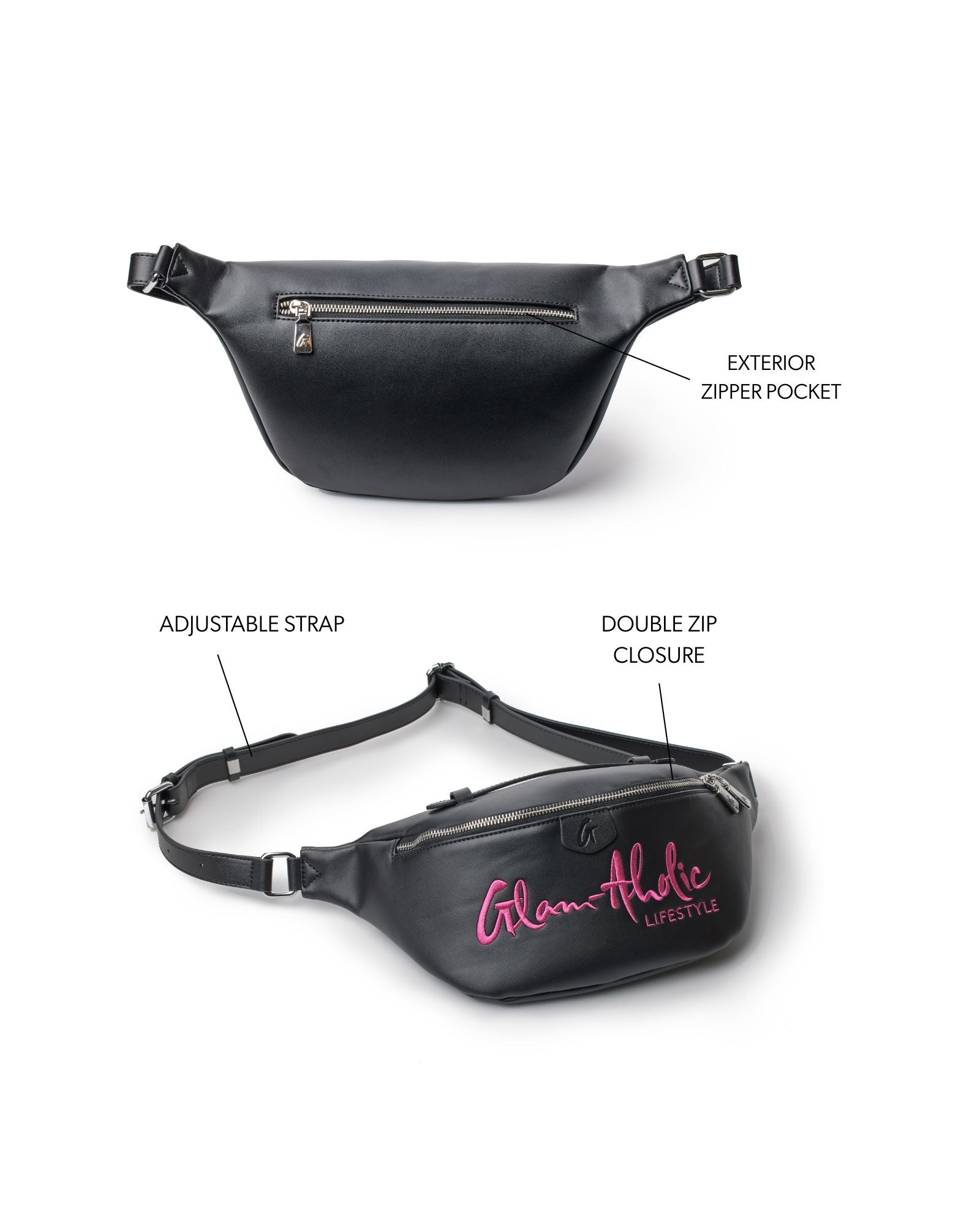 SIGNATURE LOGO FANNY PACK BLACK x PINK | Vegan Leather Belt Bag