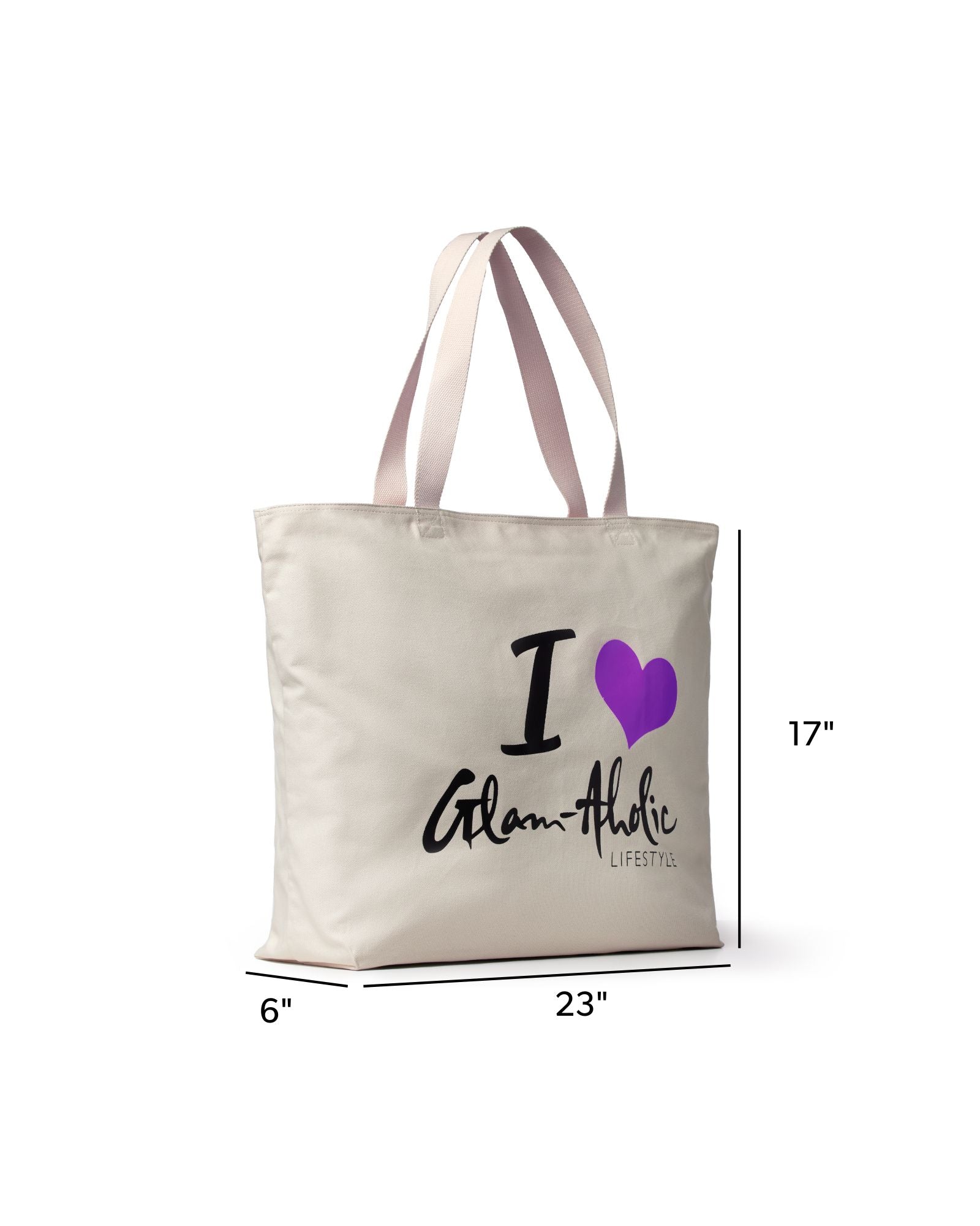 Purple logo canvas tote bag featuring "I Love Glam-Aholic Lifestyle" design, measuring 23 inches wide and 17 inches tall.