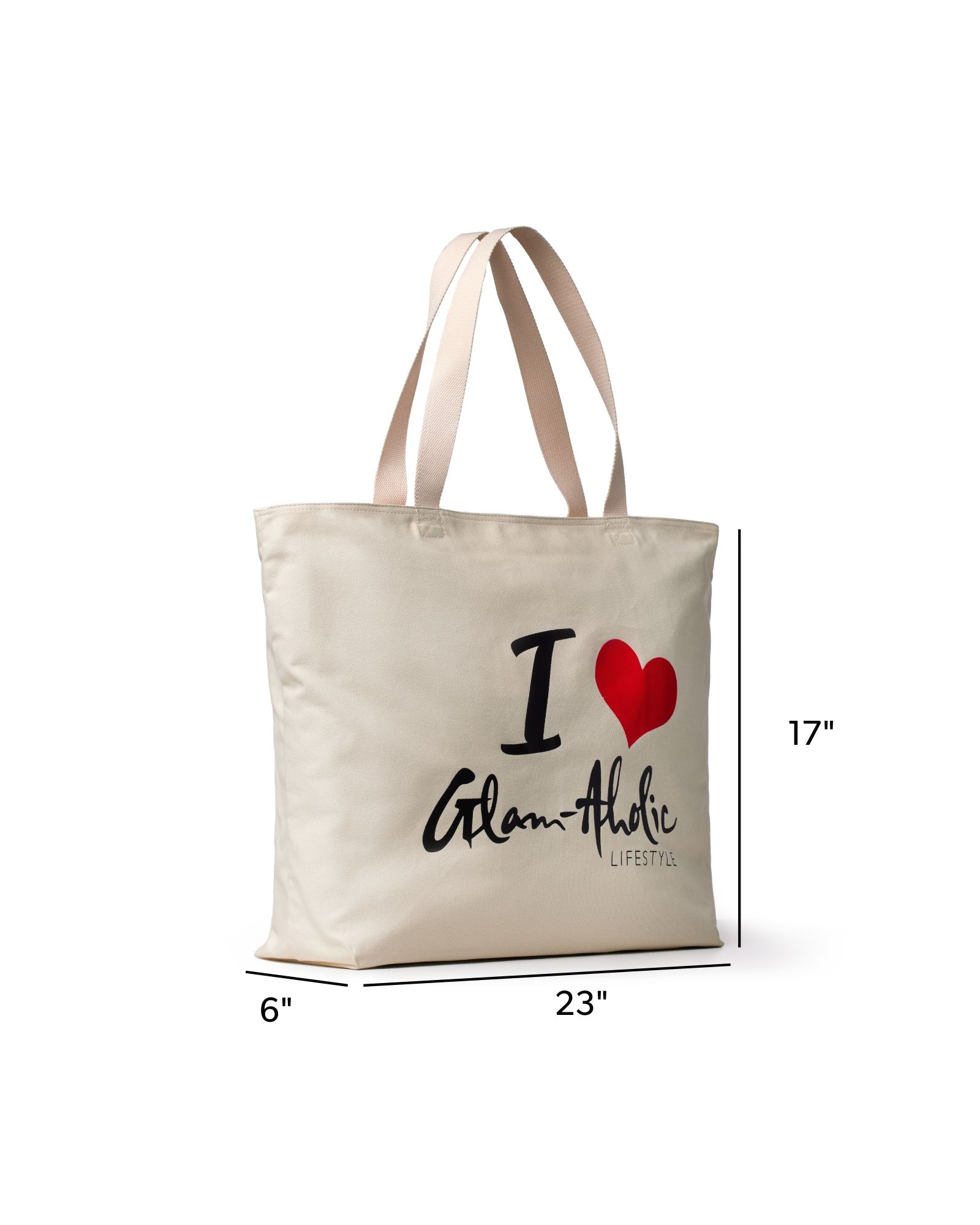 Red canvas tote bag featuring the Glam-Aholic Lifestyle logo and "I love" design, perfect for stylish everyday use.