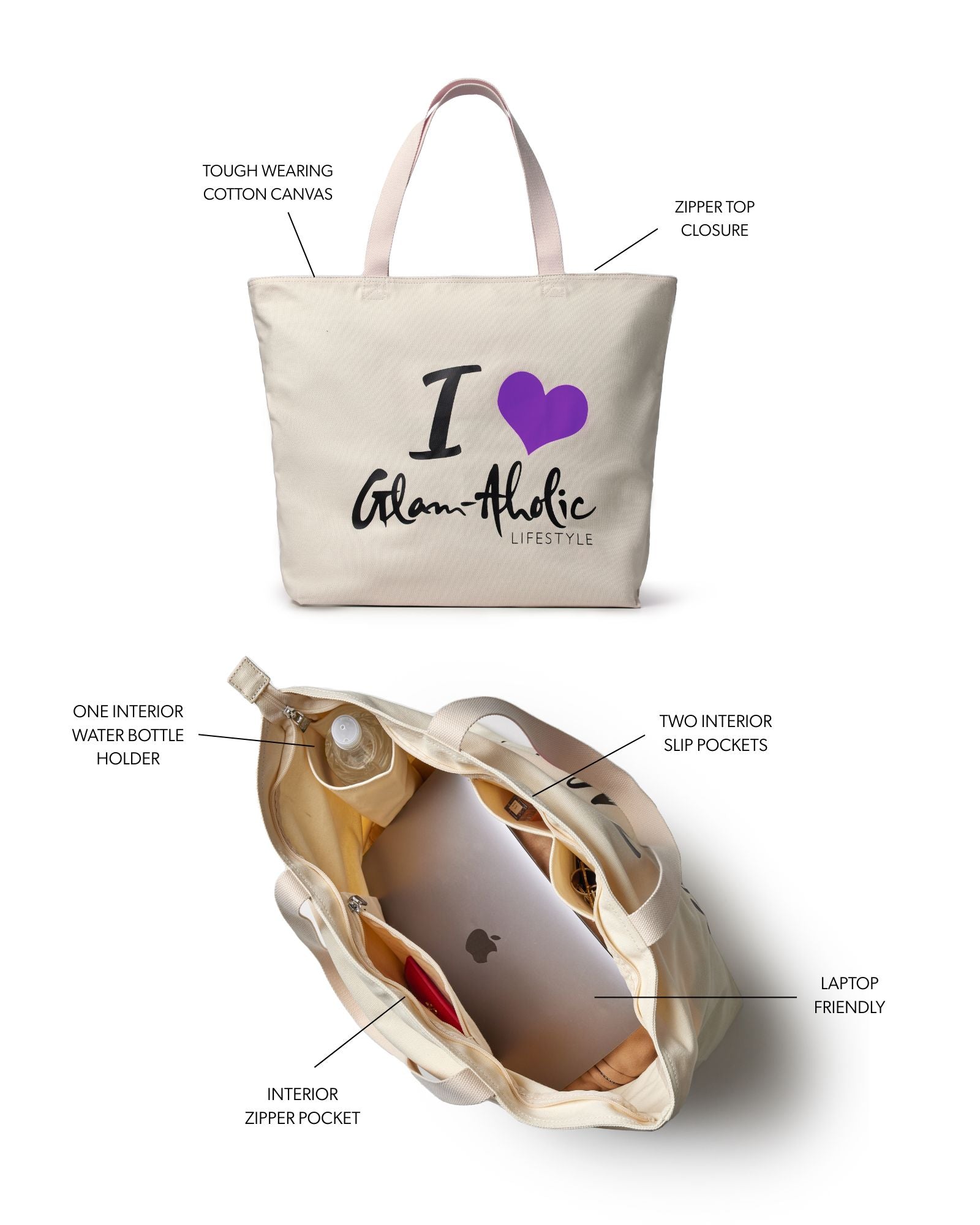 Signature Logo Canvas Tote | Purple | Spacious Cotton Bag With Zip
