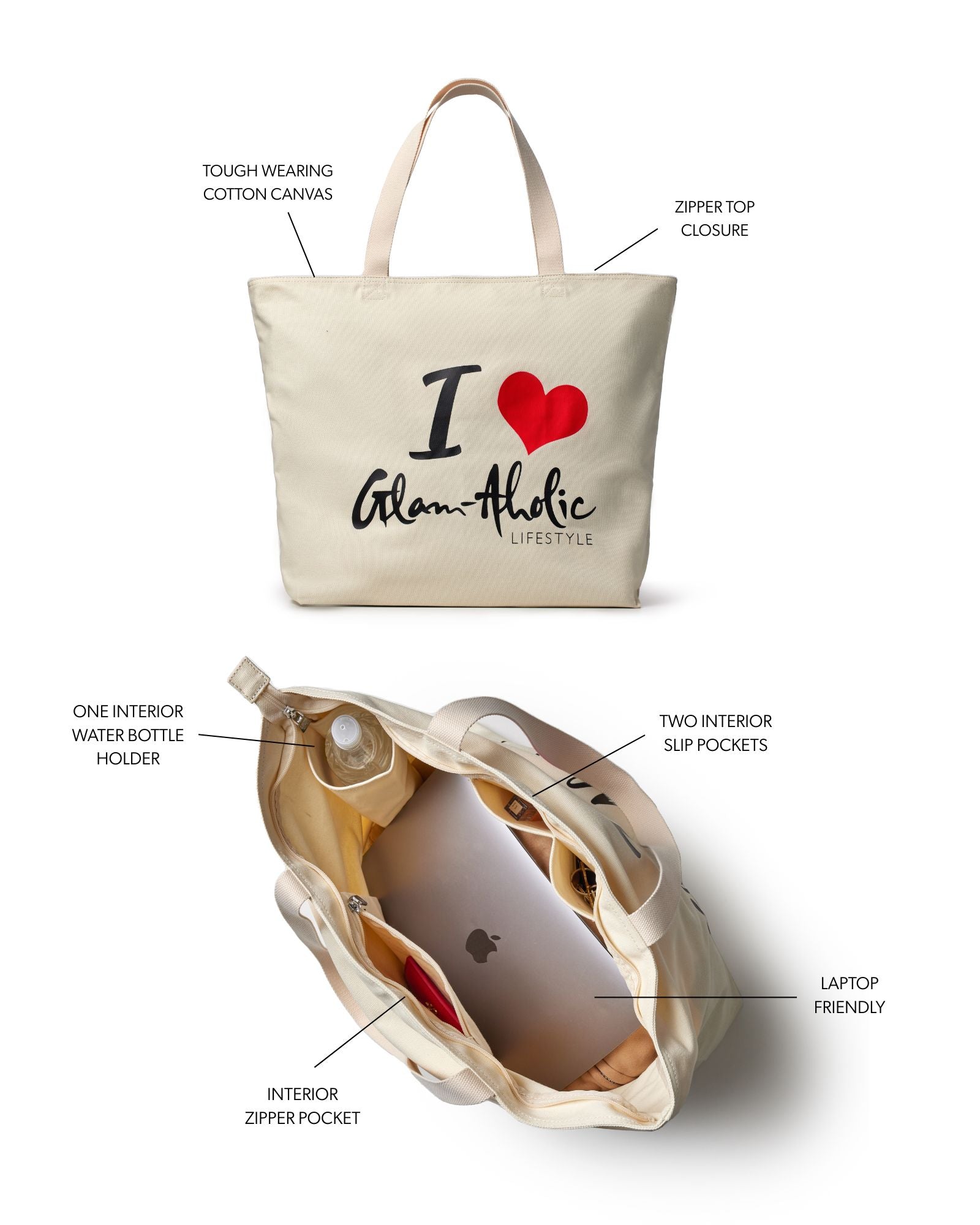 Red canvas tote bag featuring the Glam-Aholic Lifestyle logo, zipper top closure, and multiple interior pockets for organization.