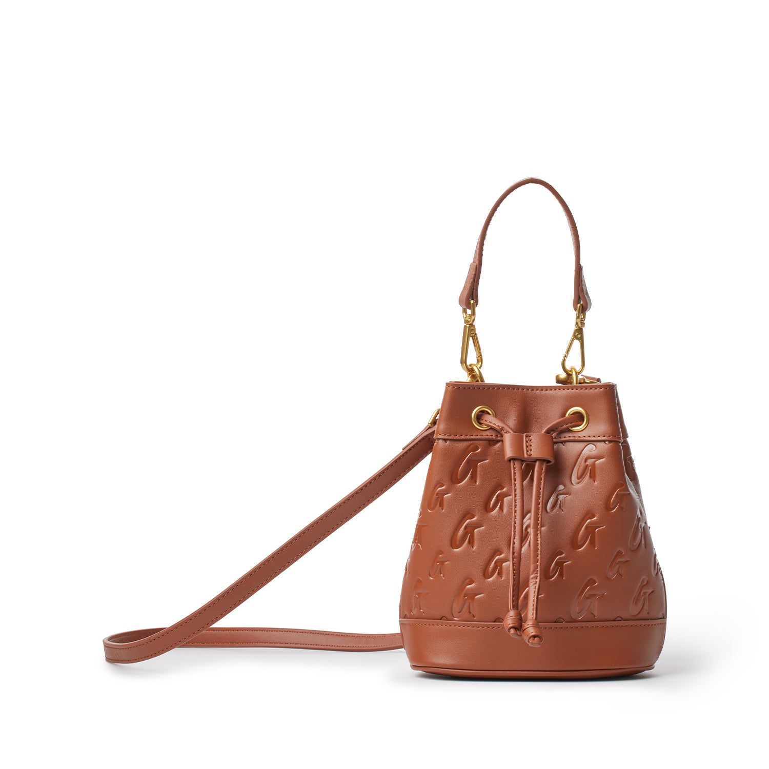 Brown mini monogram bucket bag with embossed logo pattern, adjustable strap, and gold hardware on a white background.