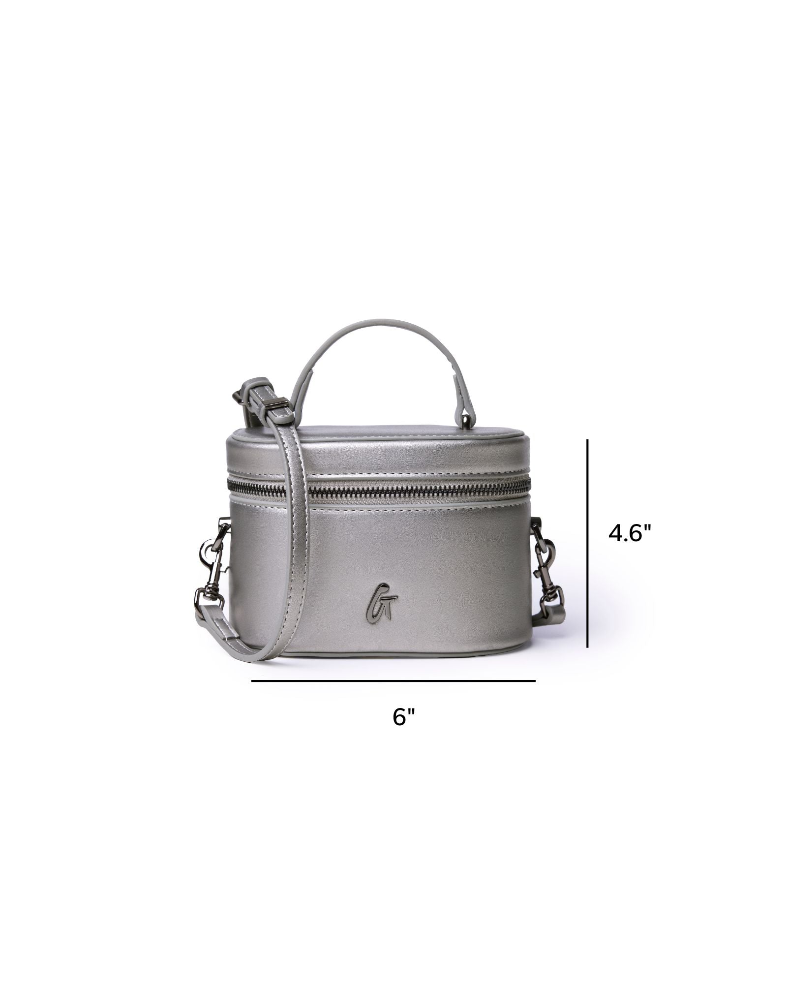 Mini smooth gunmetal vanity bag in platinum with a top handle and adjustable strap, perfect for stylish organization.
