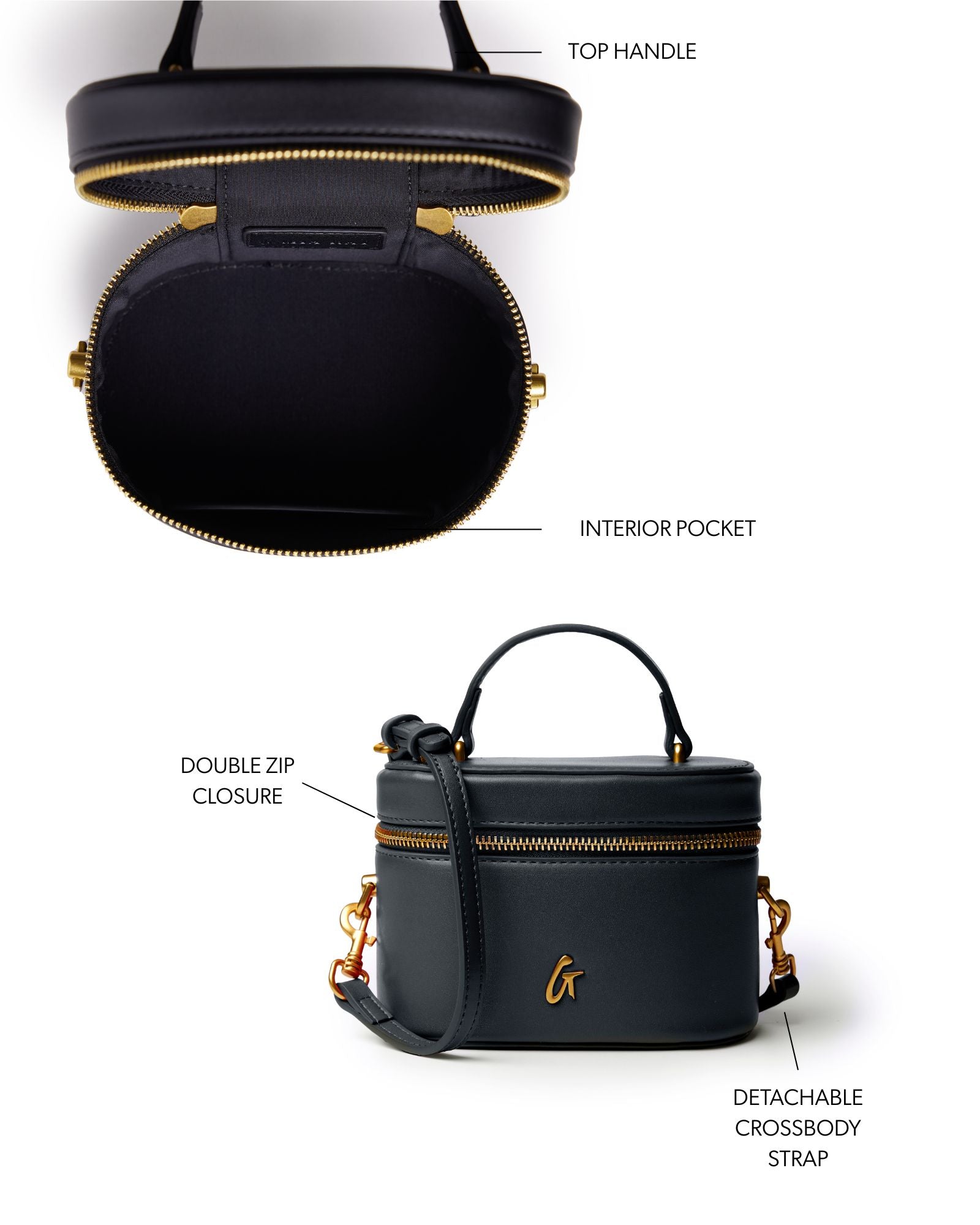 Mini smooth gold vanity bag in black with a top handle, double zip closure, and detachable crossbody strap.
