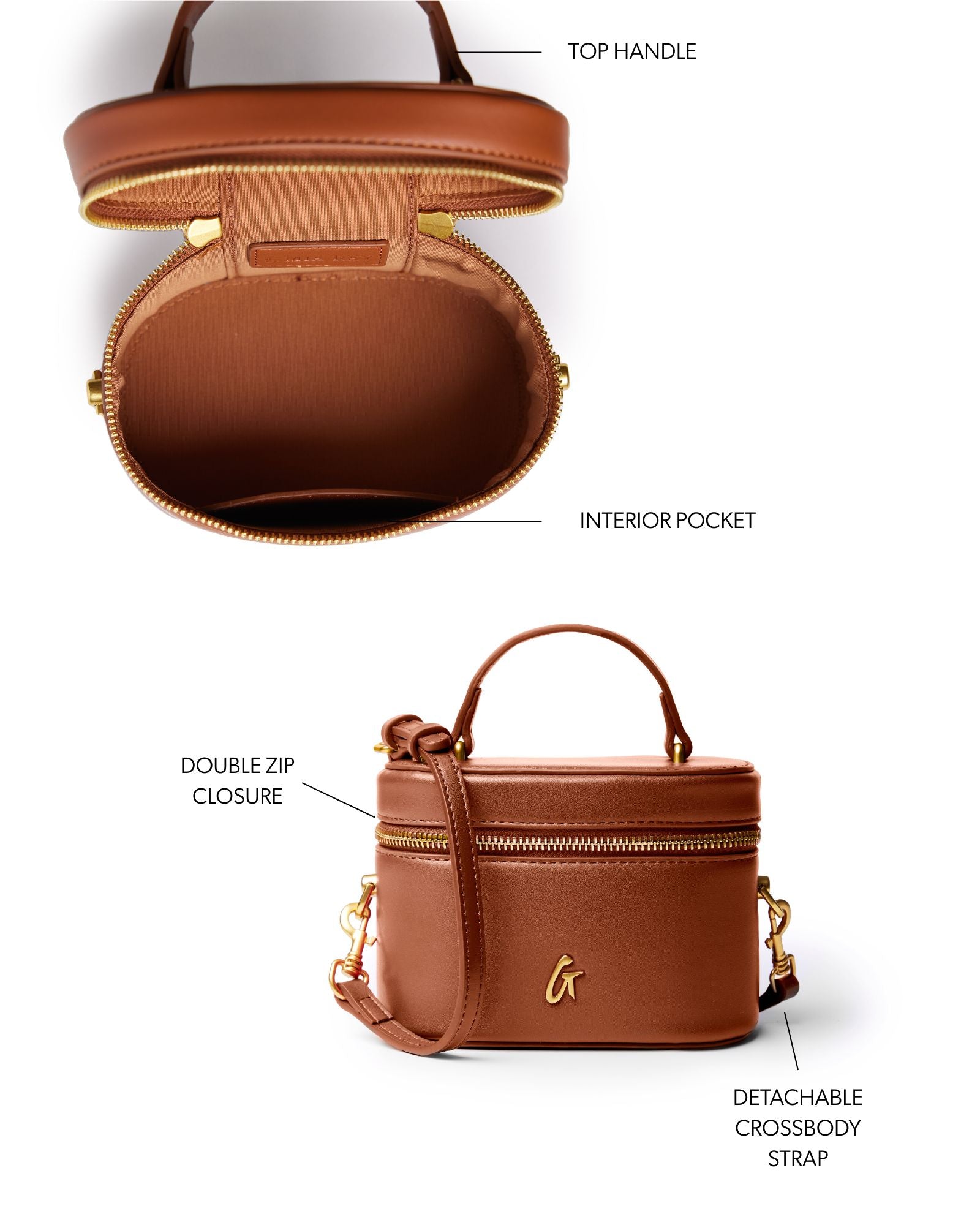 Mini smooth gold vanity bag in brown with a top handle, double zip closure, and detachable crossbody strap.