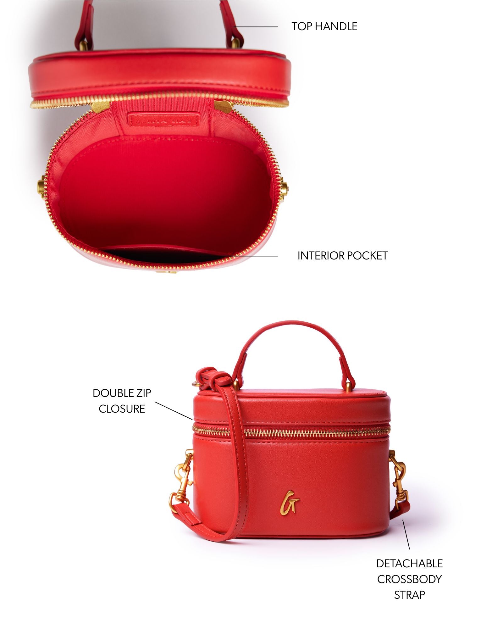 Red mini smooth gold vanity bag featuring a top handle, double zip closure, and detachable crossbody strap.