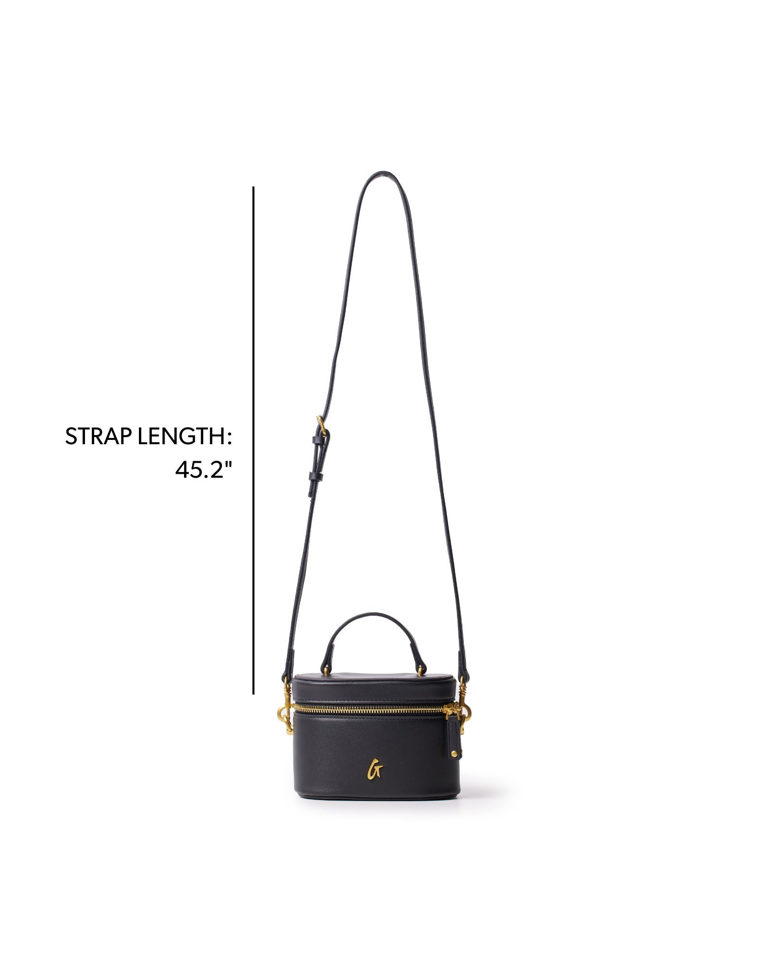 Mini smooth gold vanity bag in black with a stylish design and a 45.2-inch adjustable strap for versatile wear.