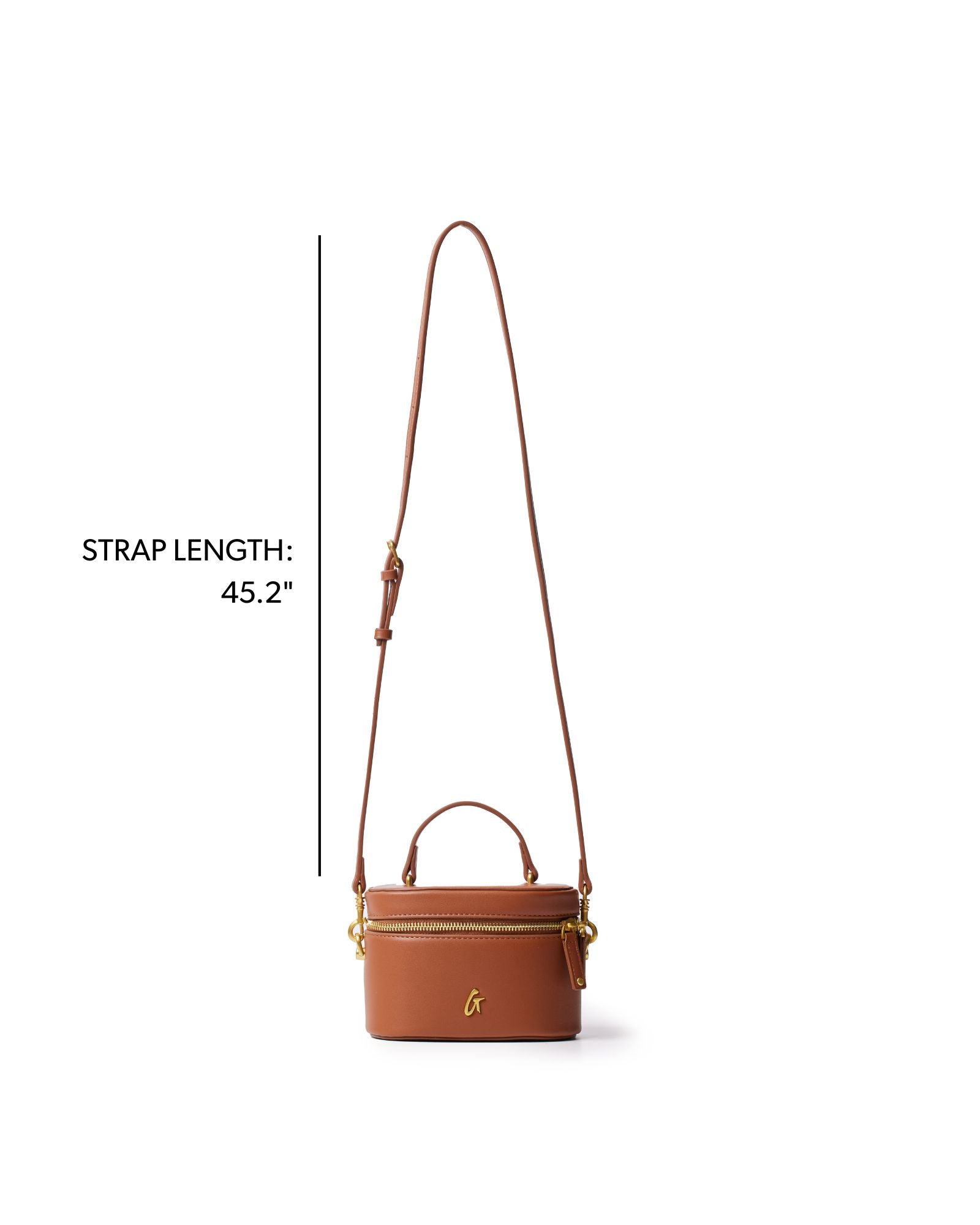 Mini smooth gold vanity bag in brown with a detachable strap, perfect for stylish, on-the-go organization.