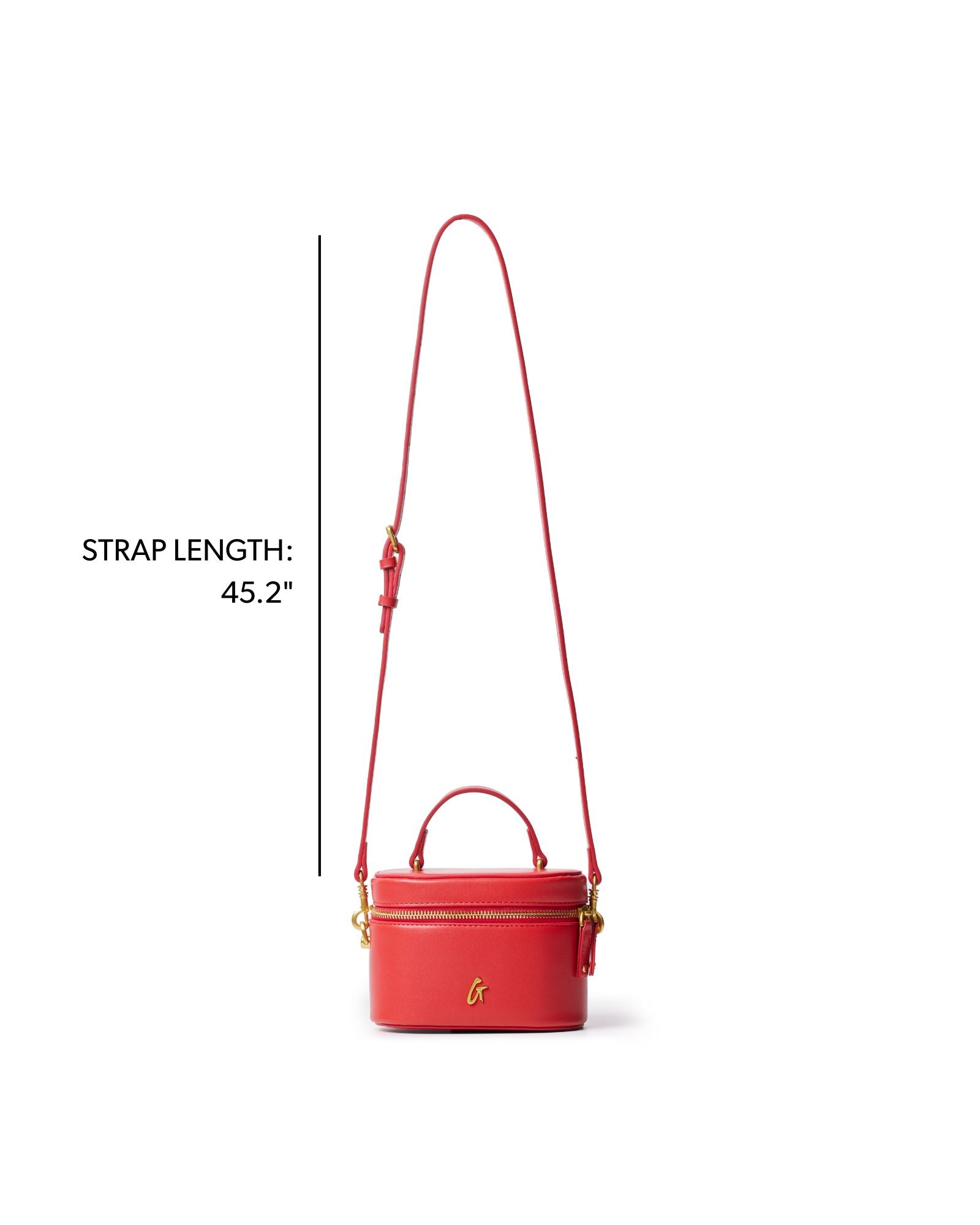 Mini smooth gold vanity bag in red with a 45.2-inch adjustable strap for stylish on-the-go convenience.